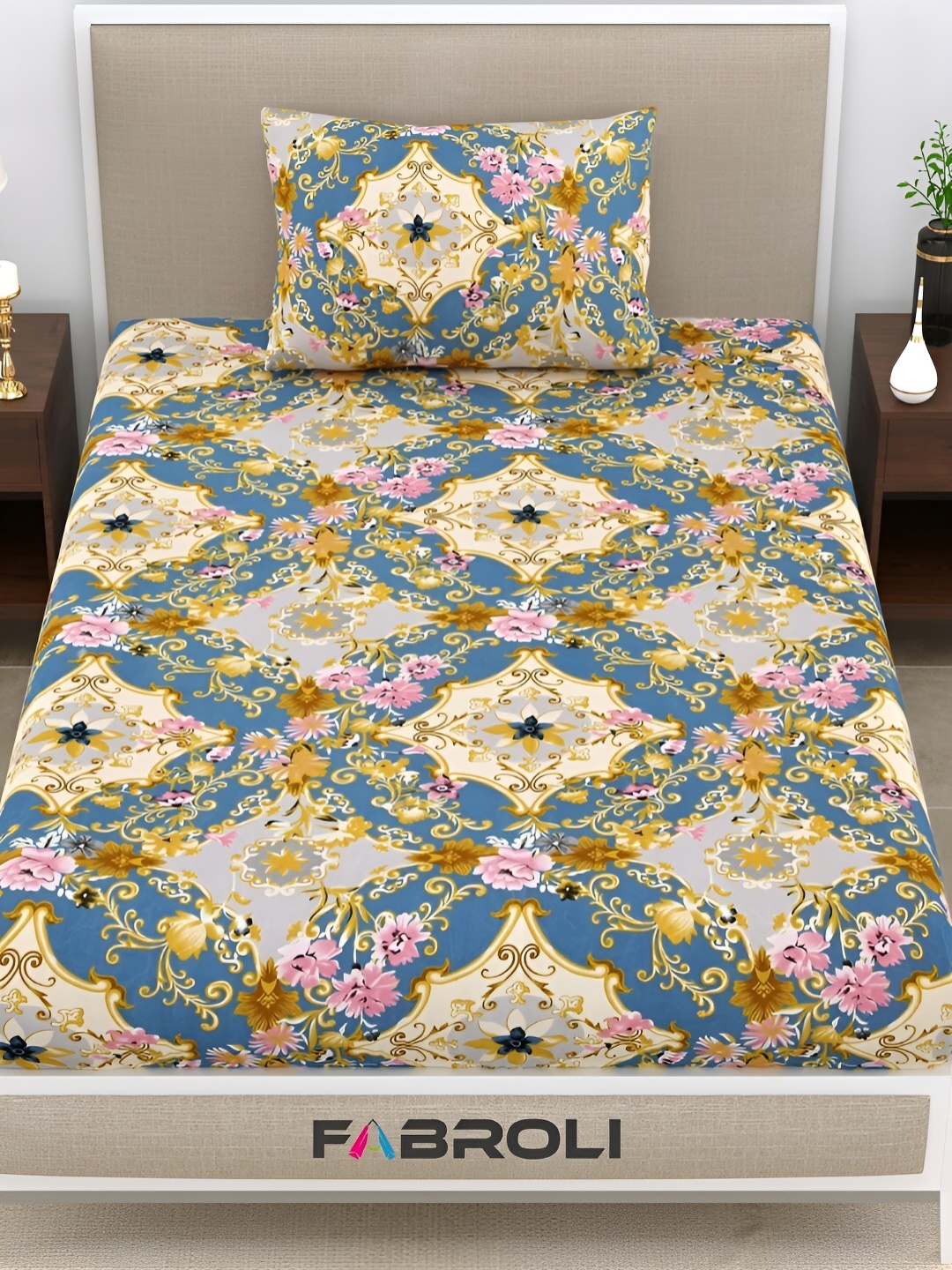 

FABROLI Blue Brown Floral 300 TC Single Bedsheet With 1 Pillow Covers