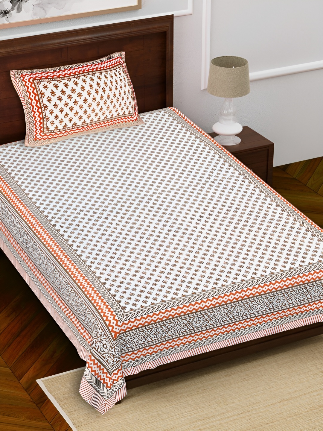 

FABROLI Orange Brown Floral Cotton 240 TC Single Bedsheet With 1 Pillow Covers