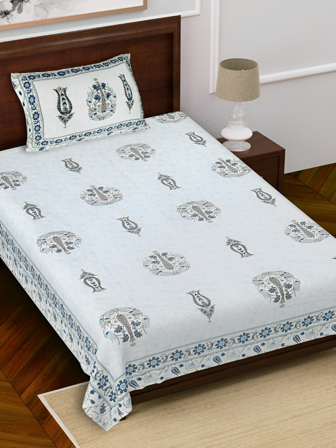 

FABROLI Blue Grey Floral Cotton 240 TC Single Bedsheet With 1 Pillow Covers