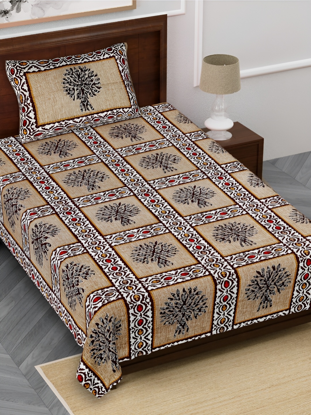 

FABROLI Brown Maroon Floral Cotton 240 TC Single Bedsheet With 1 Pillow Covers