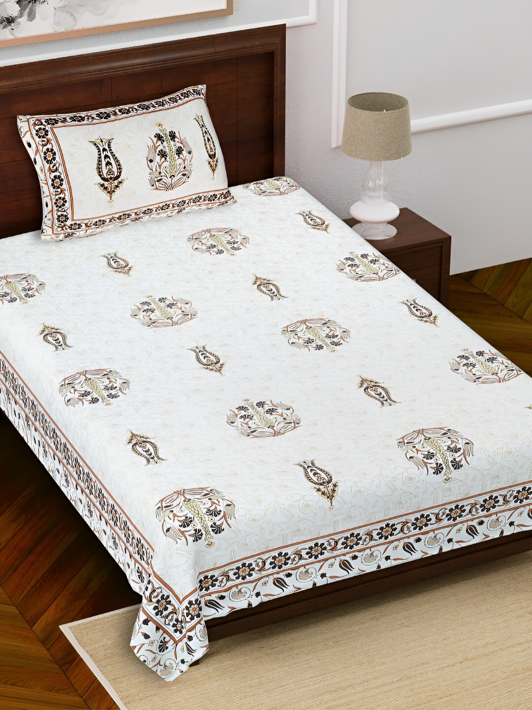 

FABROLI Brown White Floral Cotton 240 TC Single Bedsheet With 1 Pillow Covers