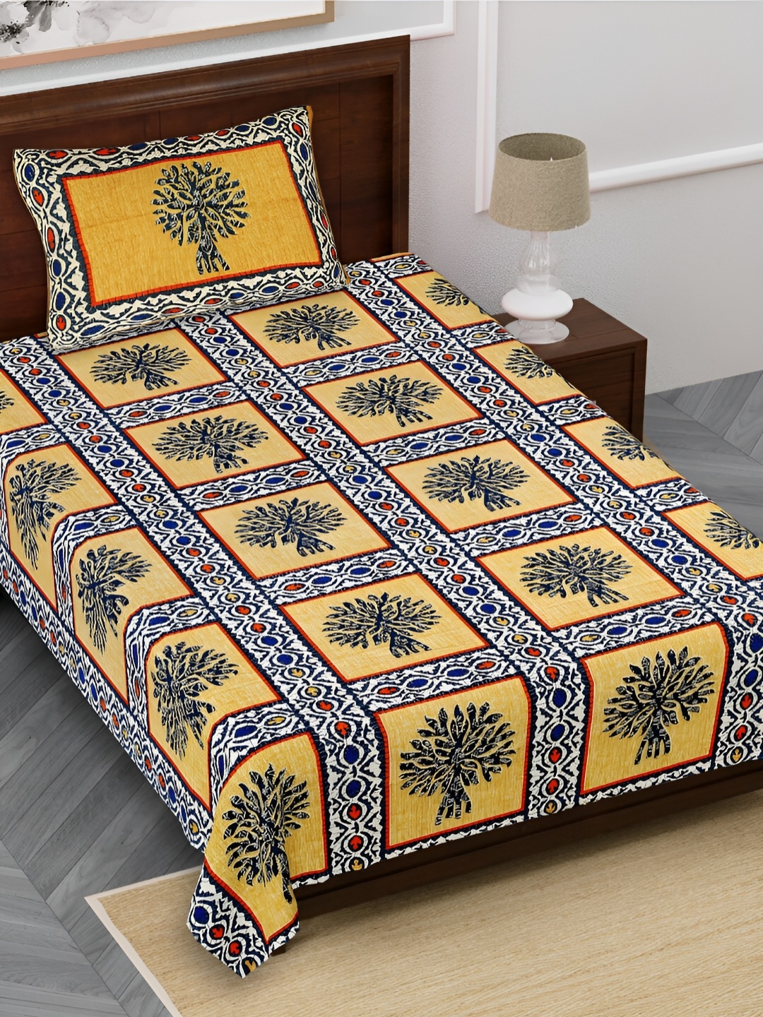 

FABROLI Yellow Grey Floral Cotton 240 TC Single Bedsheet With 1 Pillow Covers