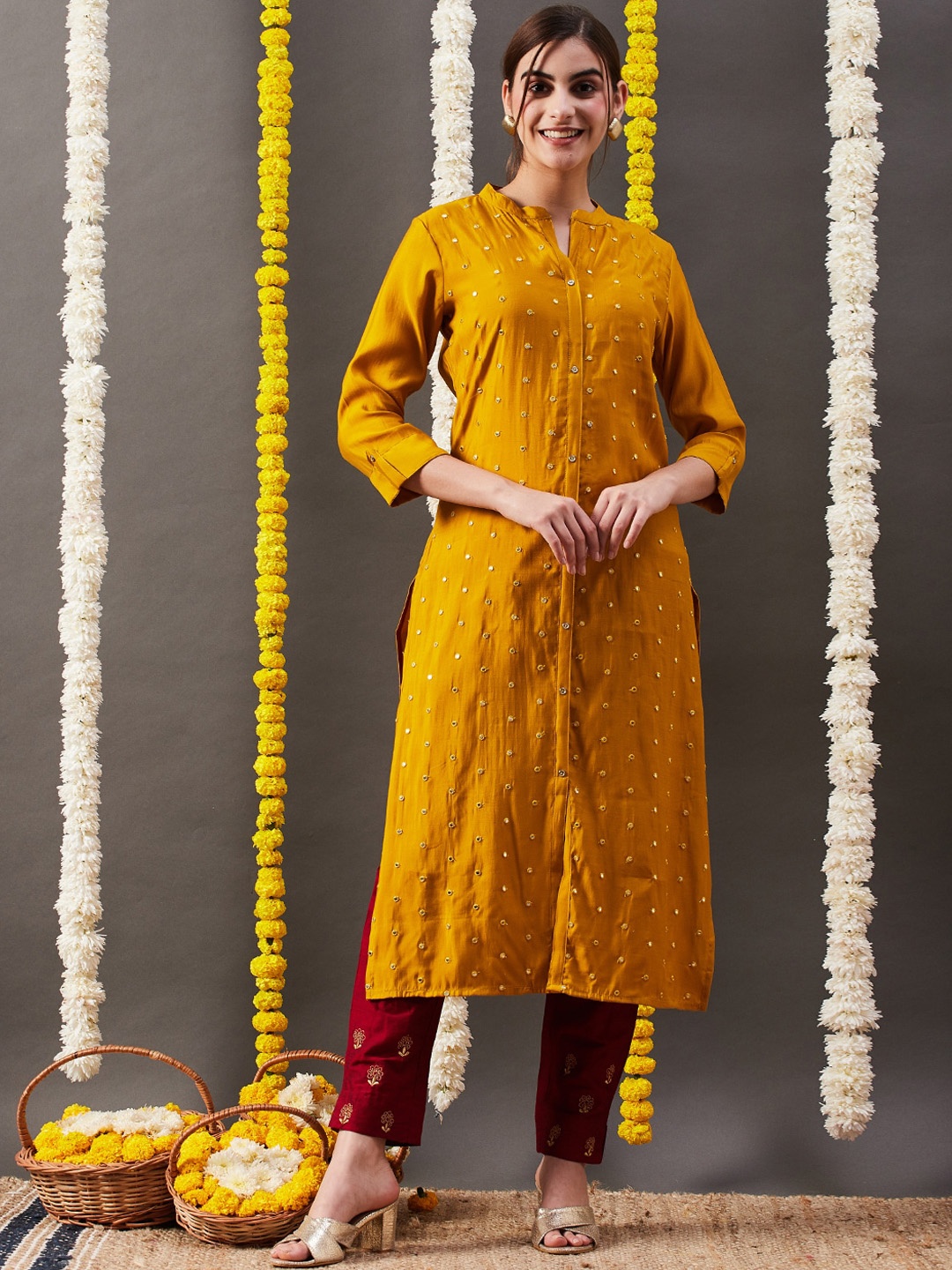 

FASHOR Mustard Ethnic Motifs Embroidered Mandarin Collar Mirror Work Silk A-Line Kurta
