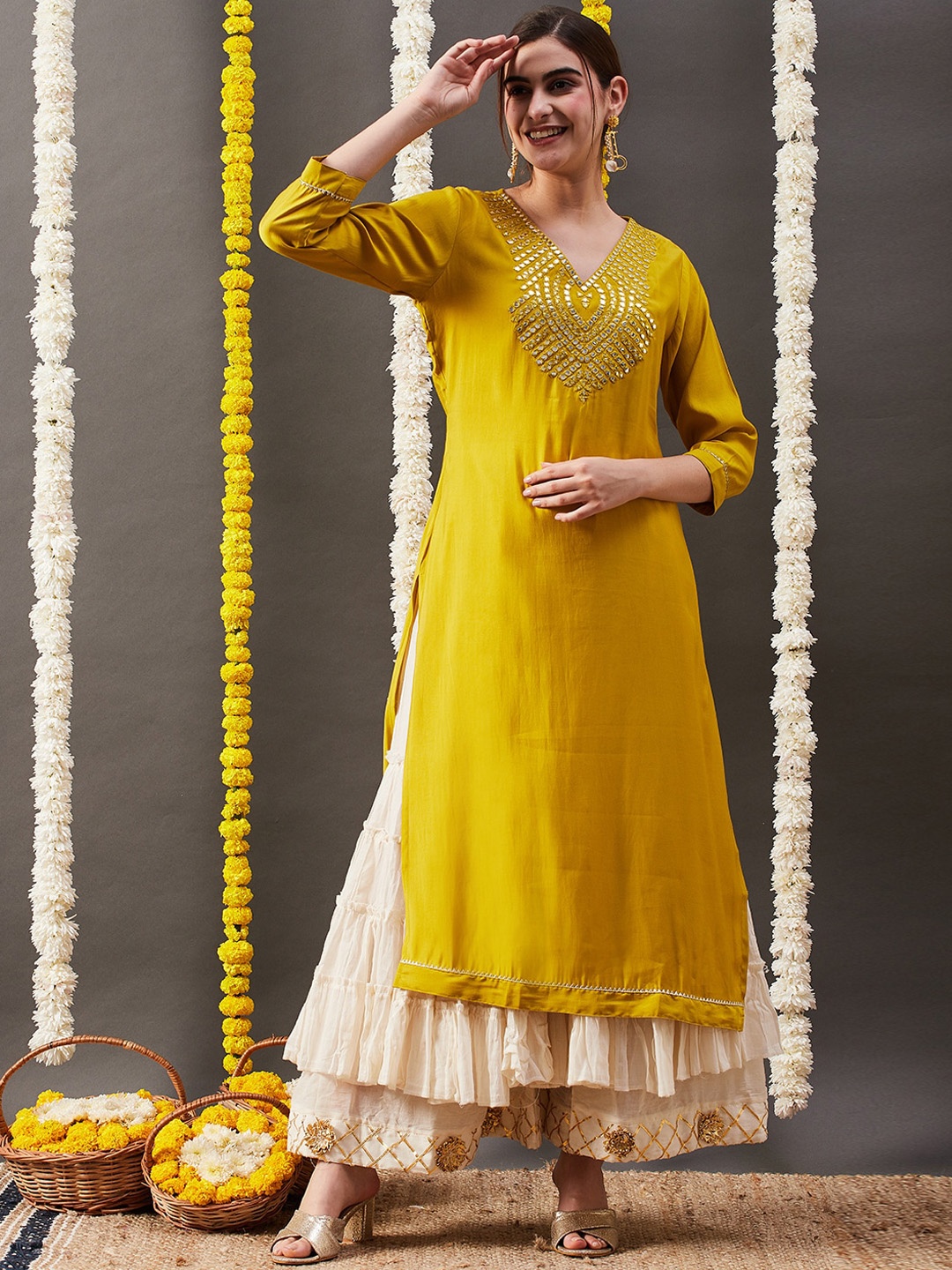 

FASHOR Mustard Yellow Ethnic Motifs Yoke Design Mirror Work Chanderi Cotton Kurta