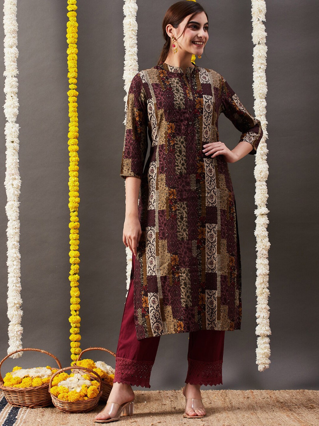 

FASHOR Ethnic Motifs Printed Straight Kurta, Mauve