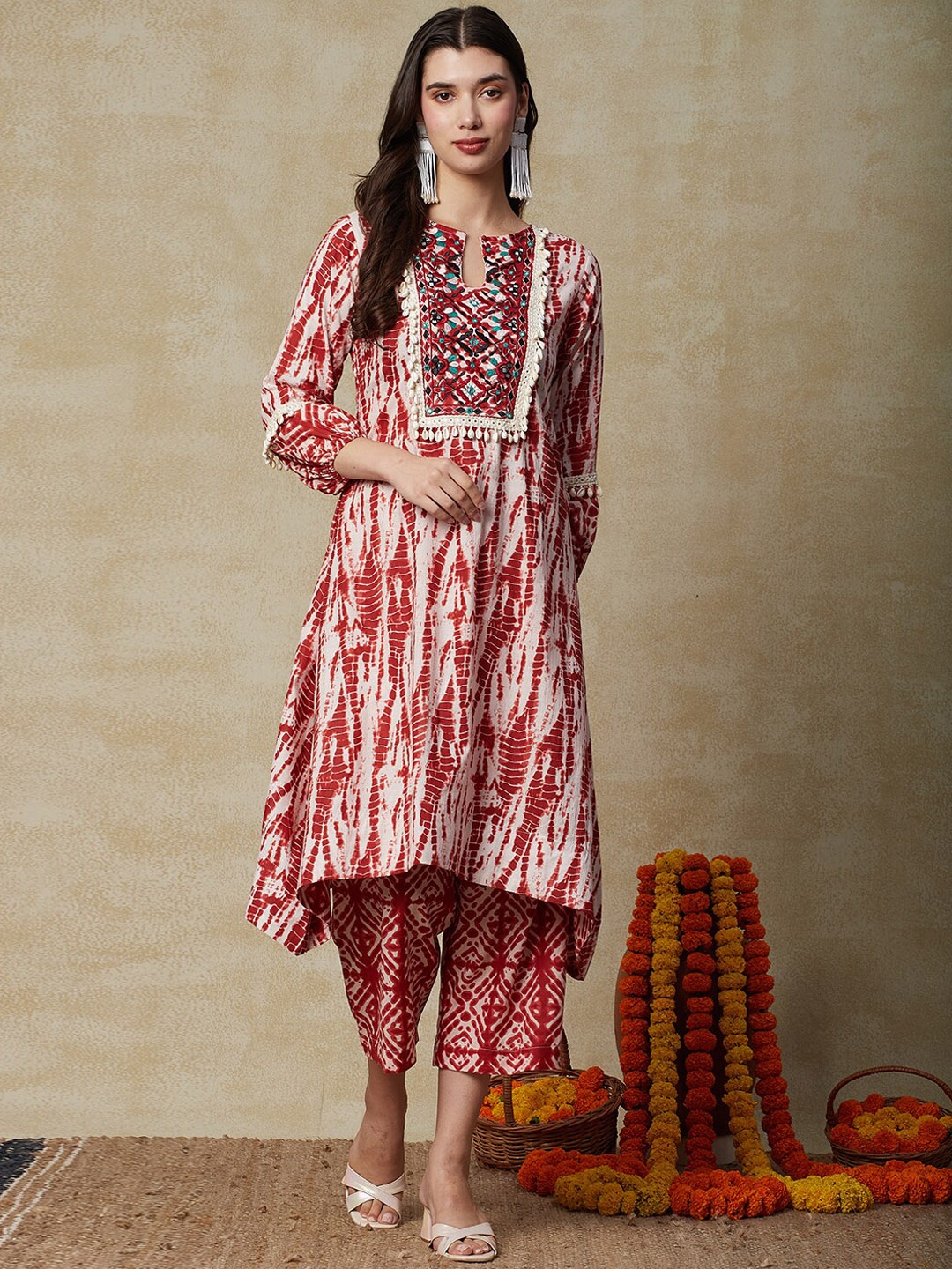 

FASHOR Abstract Printed Mirror Work Pure Cotton A-Line Kurta with Trousers, Red