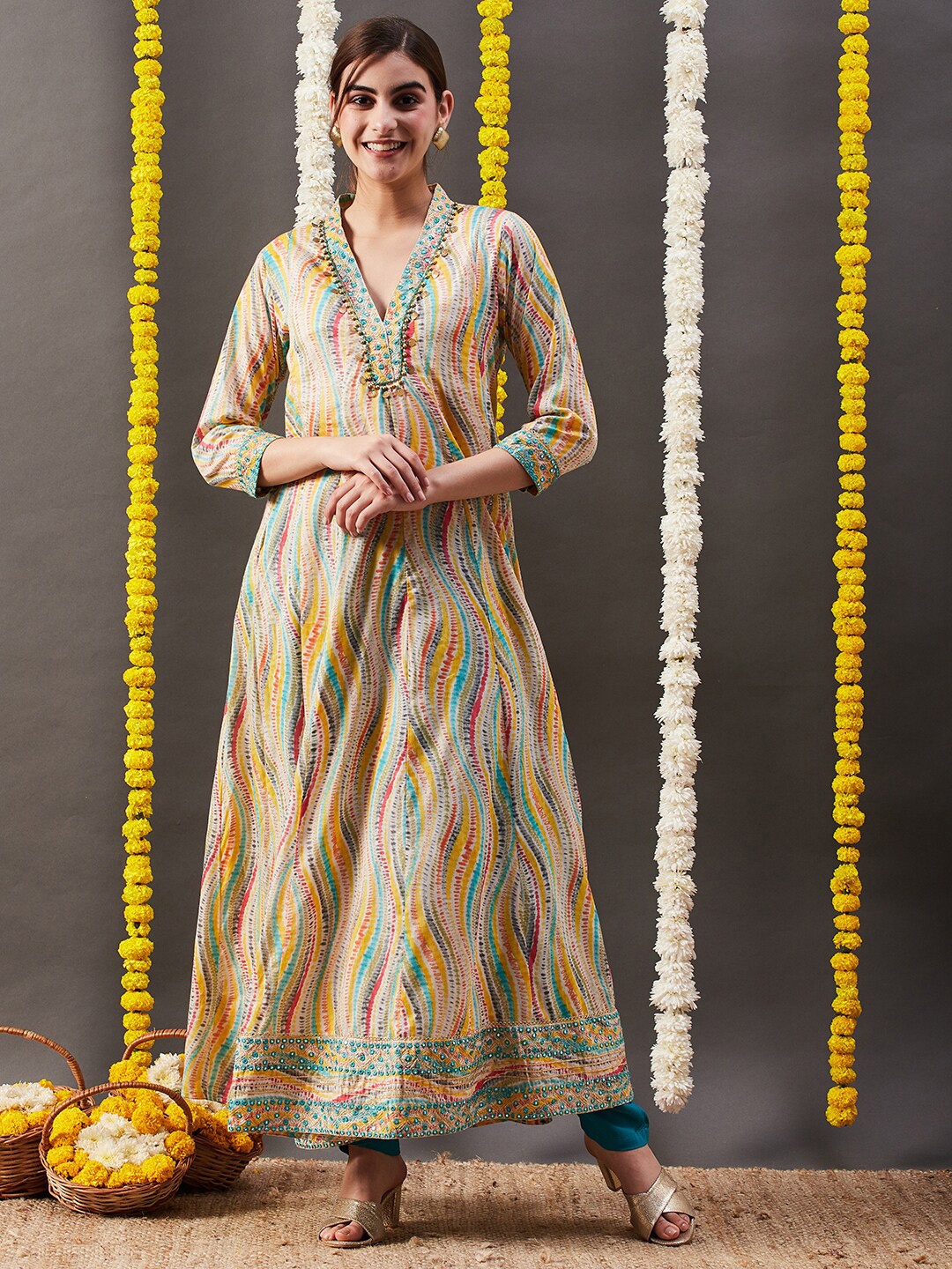 

FASHOR Abstract Printed V-Neck Beads and Stones Anarkali Cotton Kurta, Multi