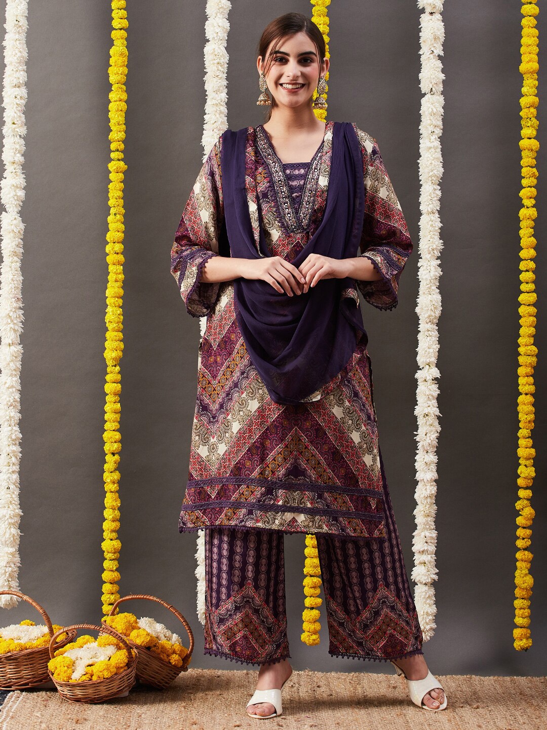 

FASHOR Ethnic Motifs Printed Beads and Stones Kurta & Palazzos With Dupatta, Blue