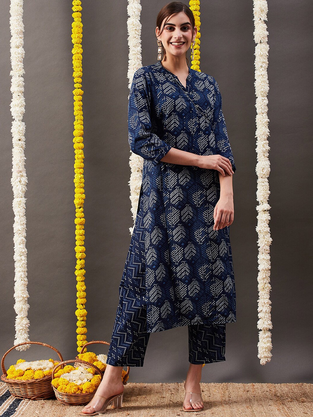 

FASHOR Bandhani Printed Band Collar Sequinned Pure Cotton Kurta with Trousers, Blue