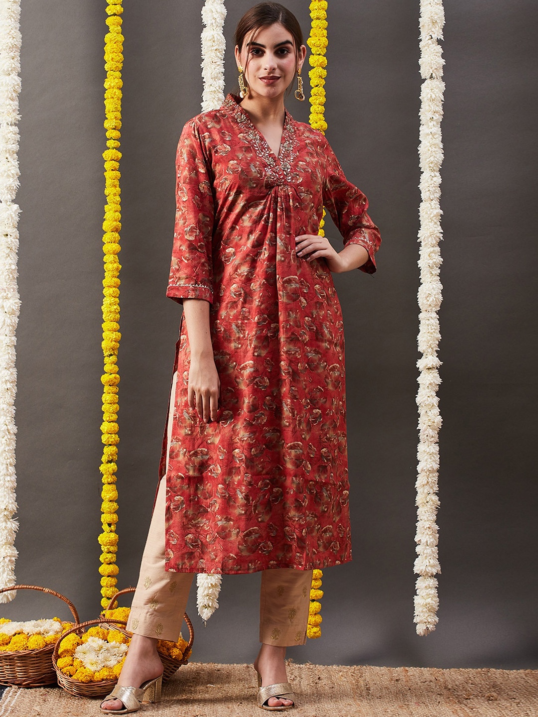 

FASHOR Floral Printed Mirror Work Kurta with Trousers, Rust