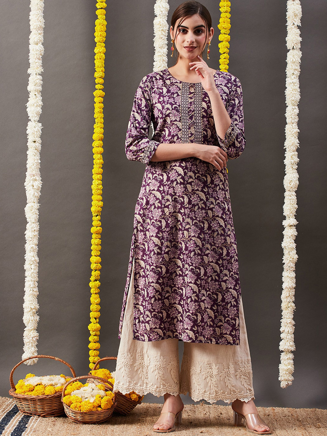 

FASHOR Purple Floral Printed Gotta Patti Kurta