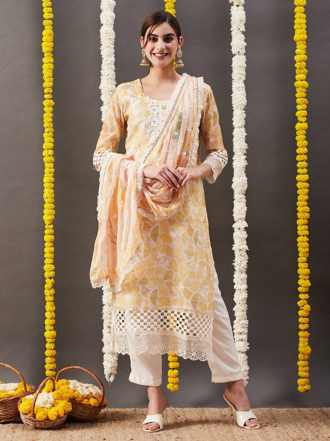 

FASHOR Yellow Floral Embroidered Straight Mirror Work Kurta With Trousers & Dupatta