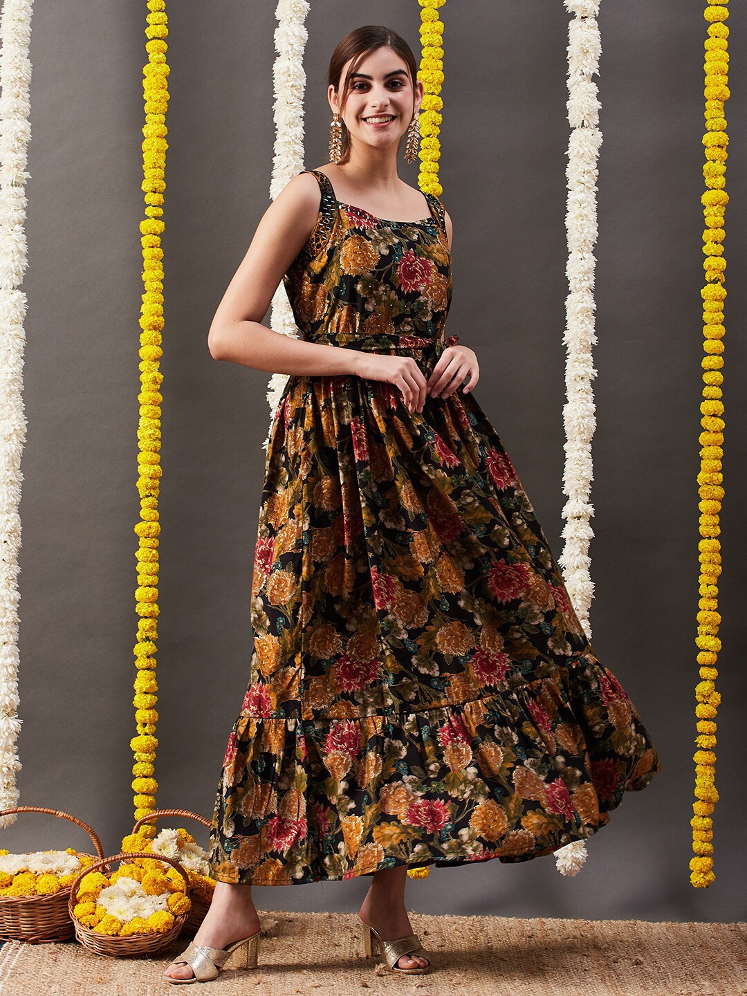 

FASHOR Floral Printed Shoulder Straps Fit & Flare Silk Maxi Dress, Black