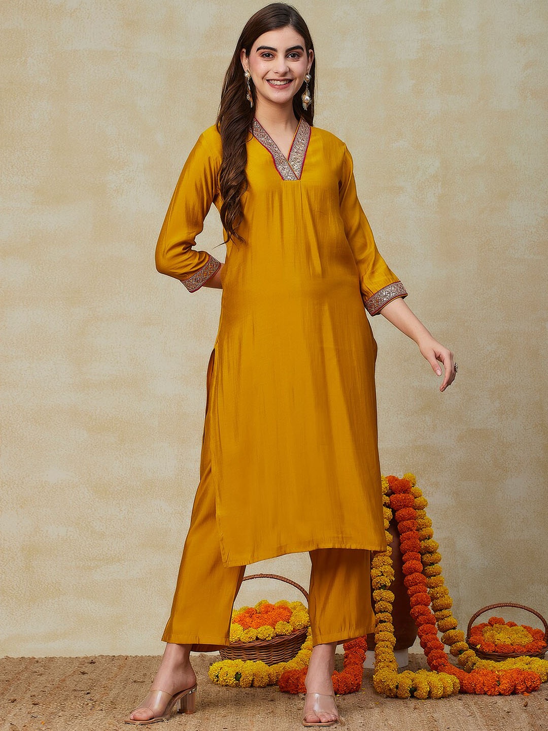 

FASHOR V-Neck Sequinned Straight Kurta with Trousers, Yellow