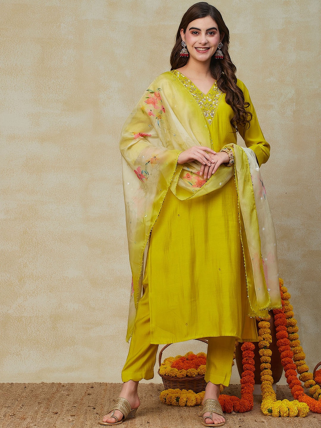 

FASHOR V-Neck Zardozi Kurta With Trousers & Printed Dupatta, Lime green