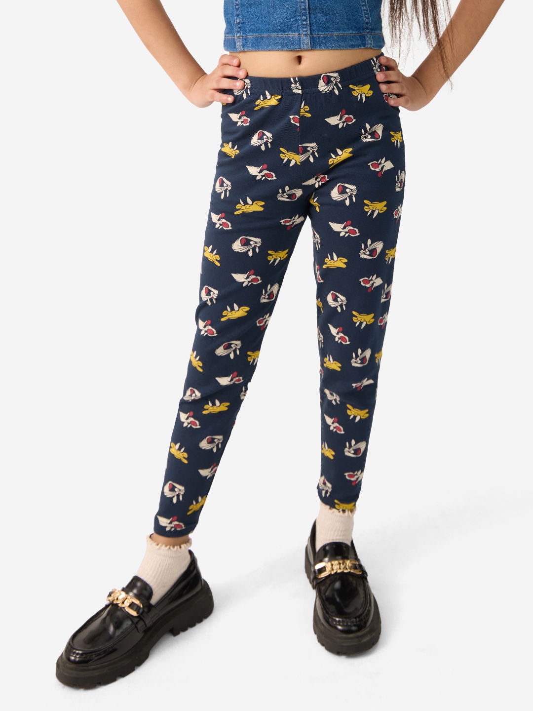 

The Souled Store Girls Navy Blue Looney Tunes Printed Pure Cotton Ankle Length Leggings