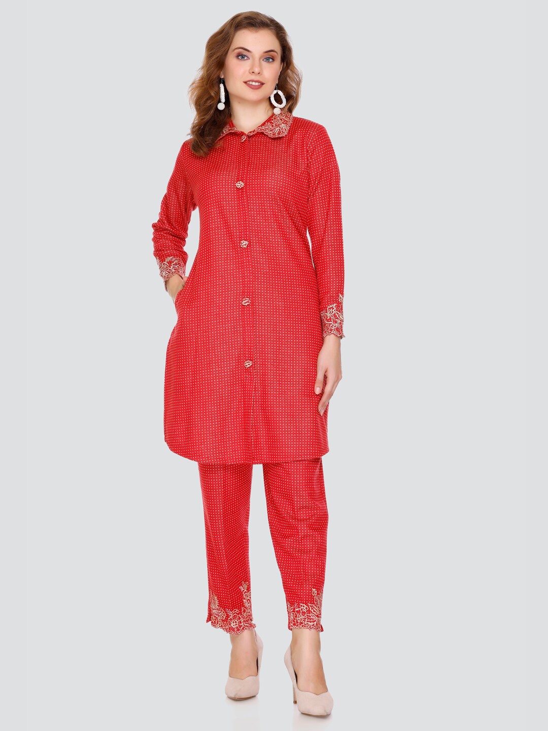 

Elthia Self Design Shirt Collar Shirt With Trouser, Red