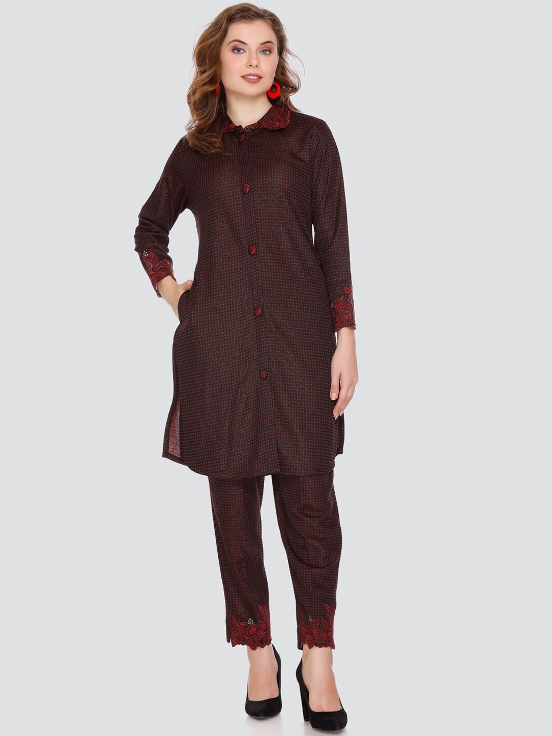 

Elthia Self Design Shirt Collar Shirt With Trouser, Black