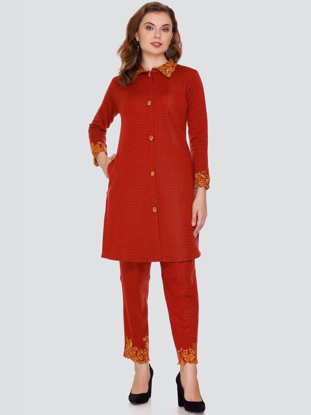 Elthia Self Design Shirt Collar Shirt With Trouser, Red