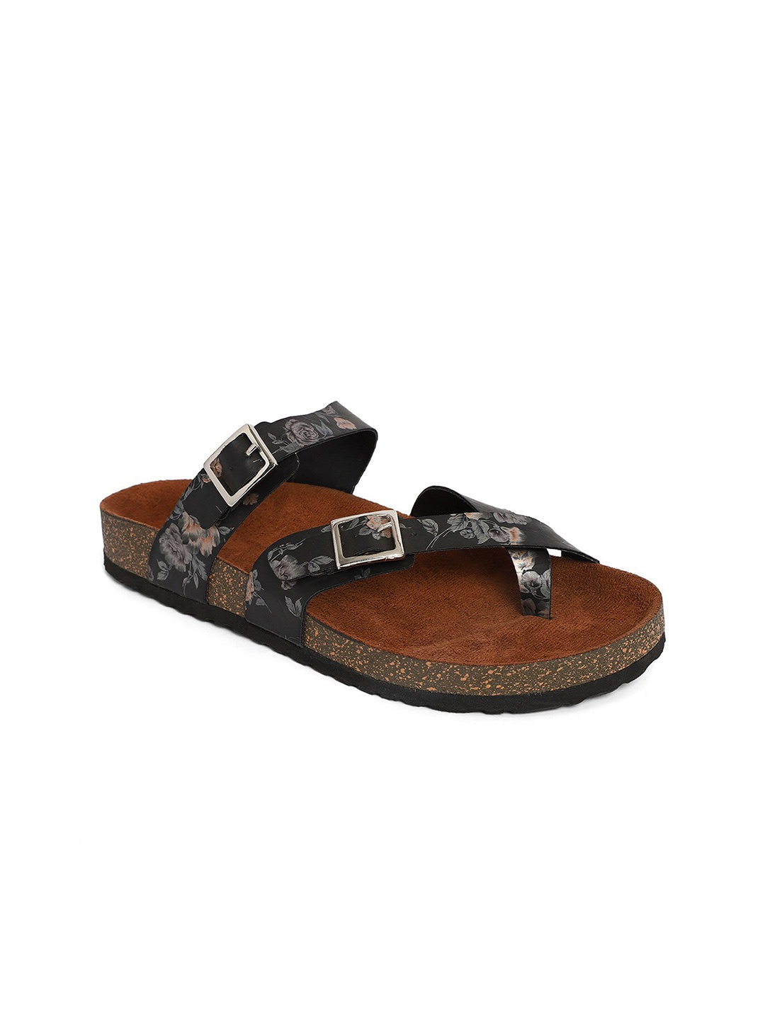 

MOZAFIA Printed Two Strap Open Toe Flats With Buckle Detail, Black