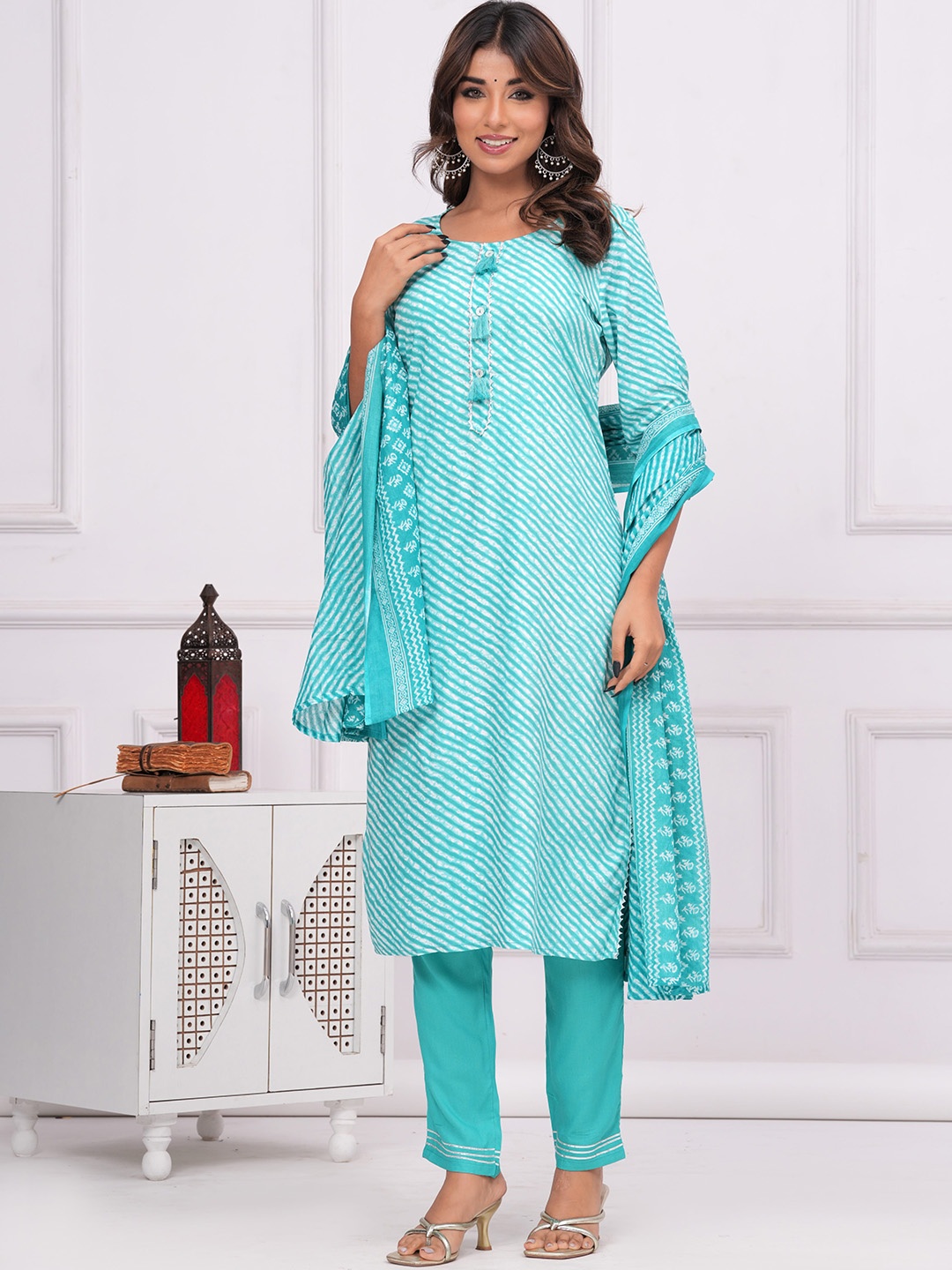 

KALINI Leheriya Printed Gotta Patti Kurta With Trousers & Dupatta, Turquoise blue