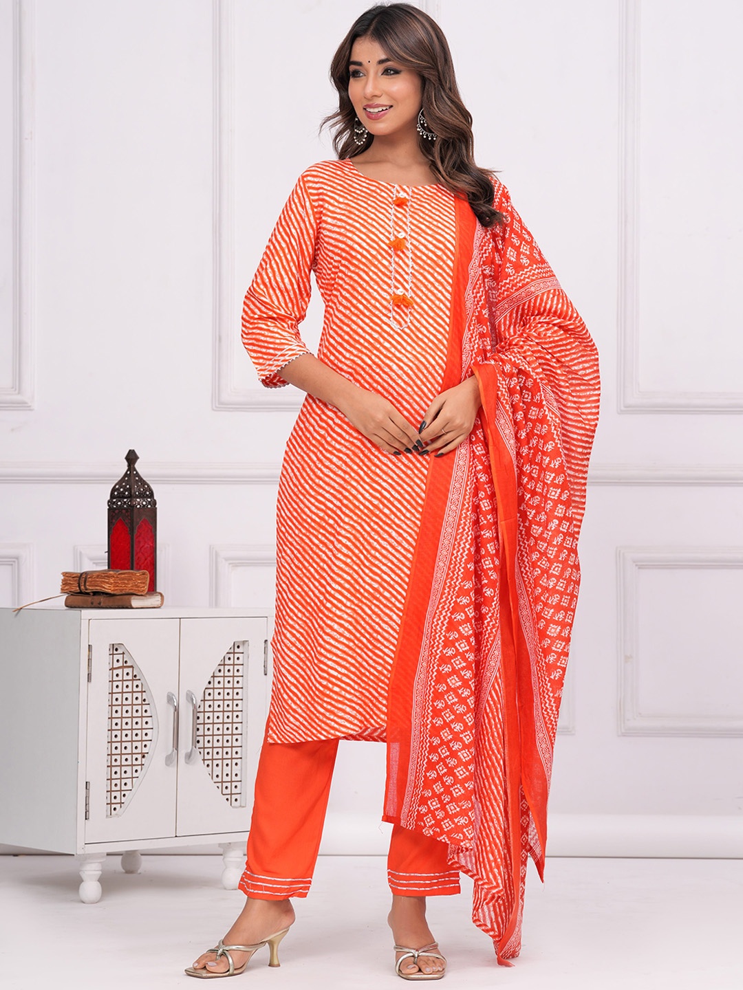 

KALINI Leheriya Printed Gotta Patti Kurta With Trousers & Dupatta, Orange