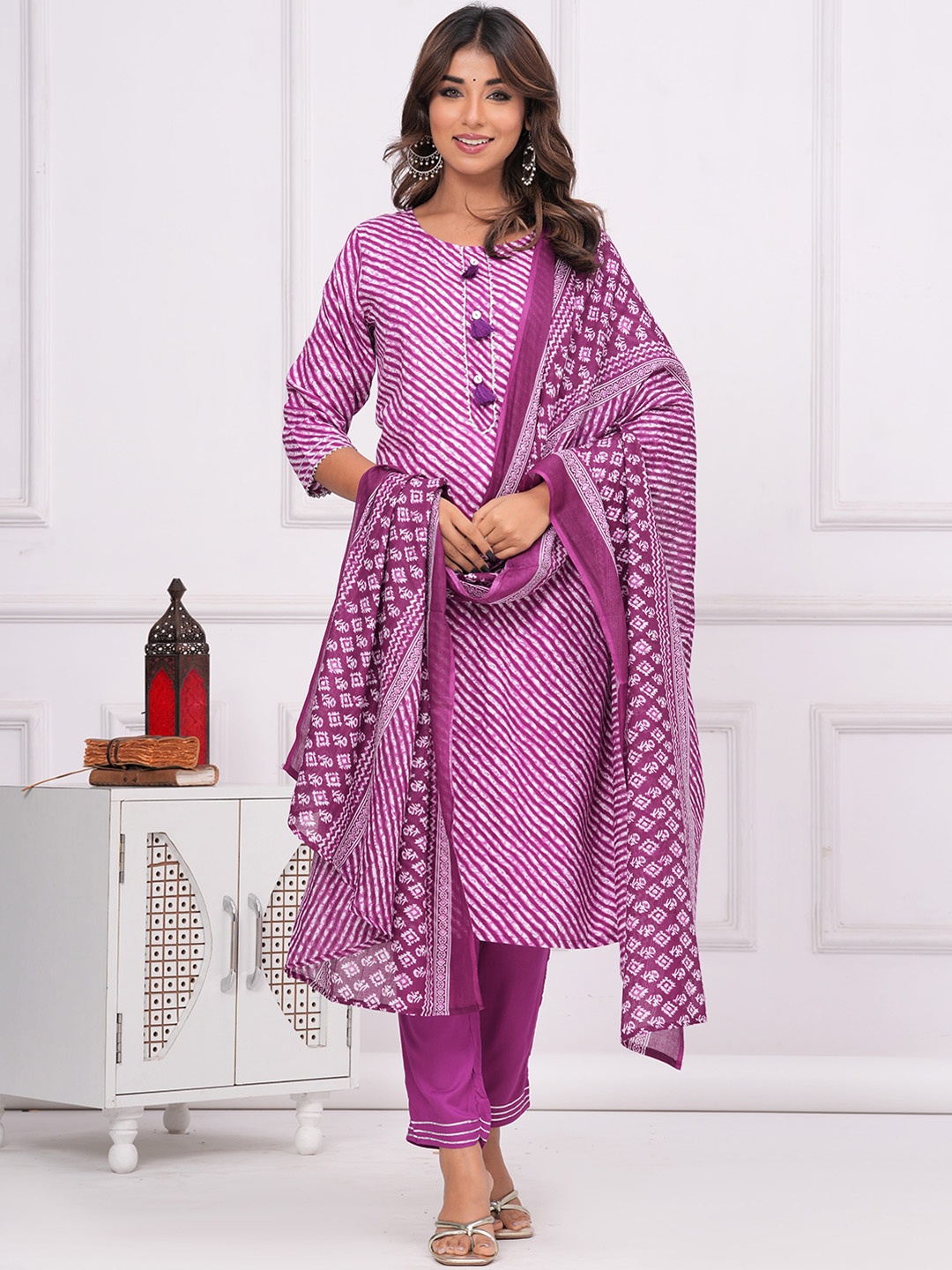 

KALINI Leheriya Printed Gotta Patti Kurta With Trousers & Dupatta, Purple