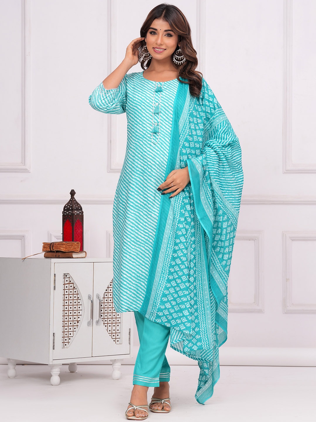 

KALINI Leheriya Printed Gotta Patti Detail Straight Kurta & Trousers With Dupatta, Turquoise blue