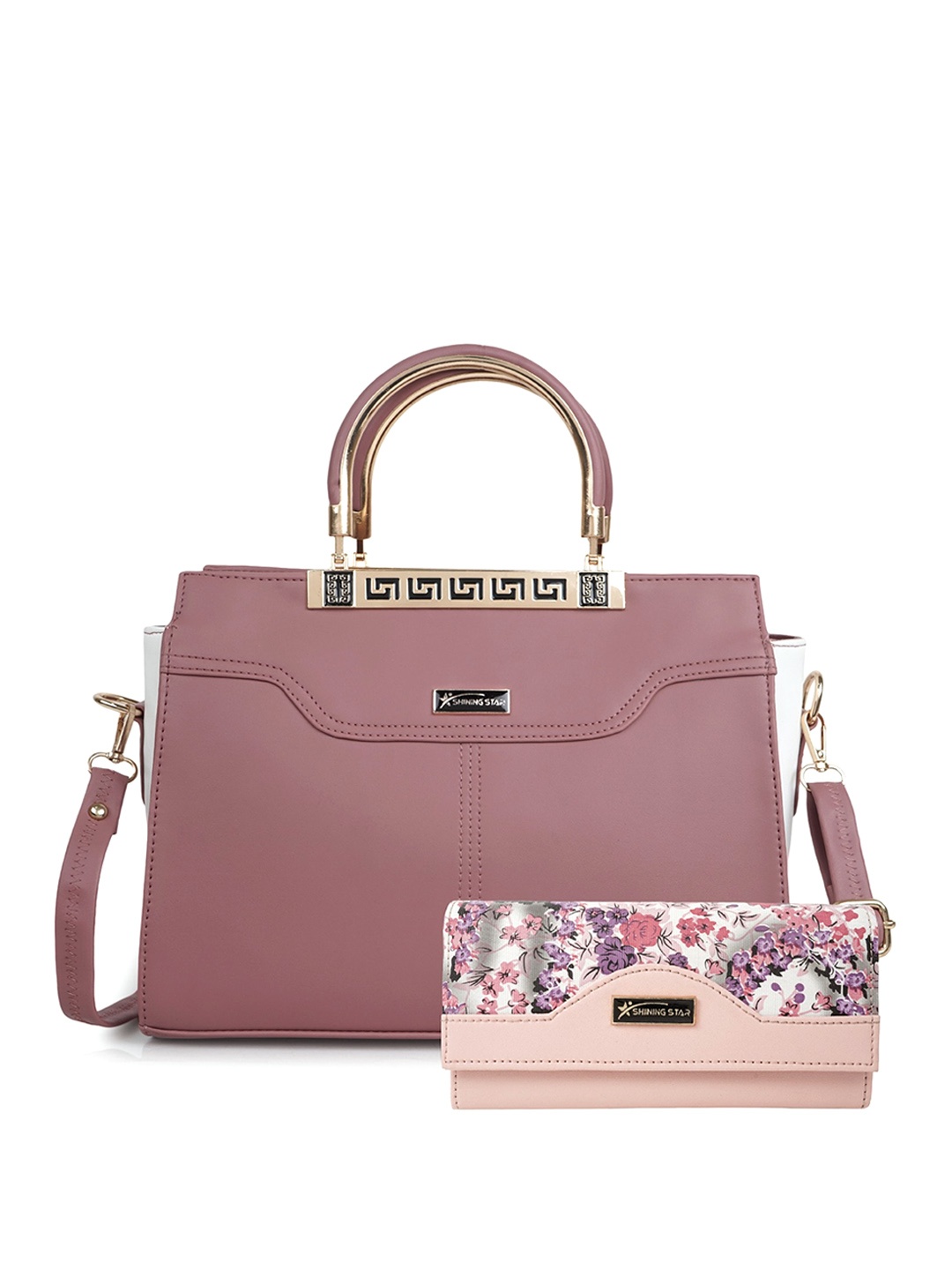 

SHINING STAR Colourblocked Structured Handheld Bag With Pouch, Peach