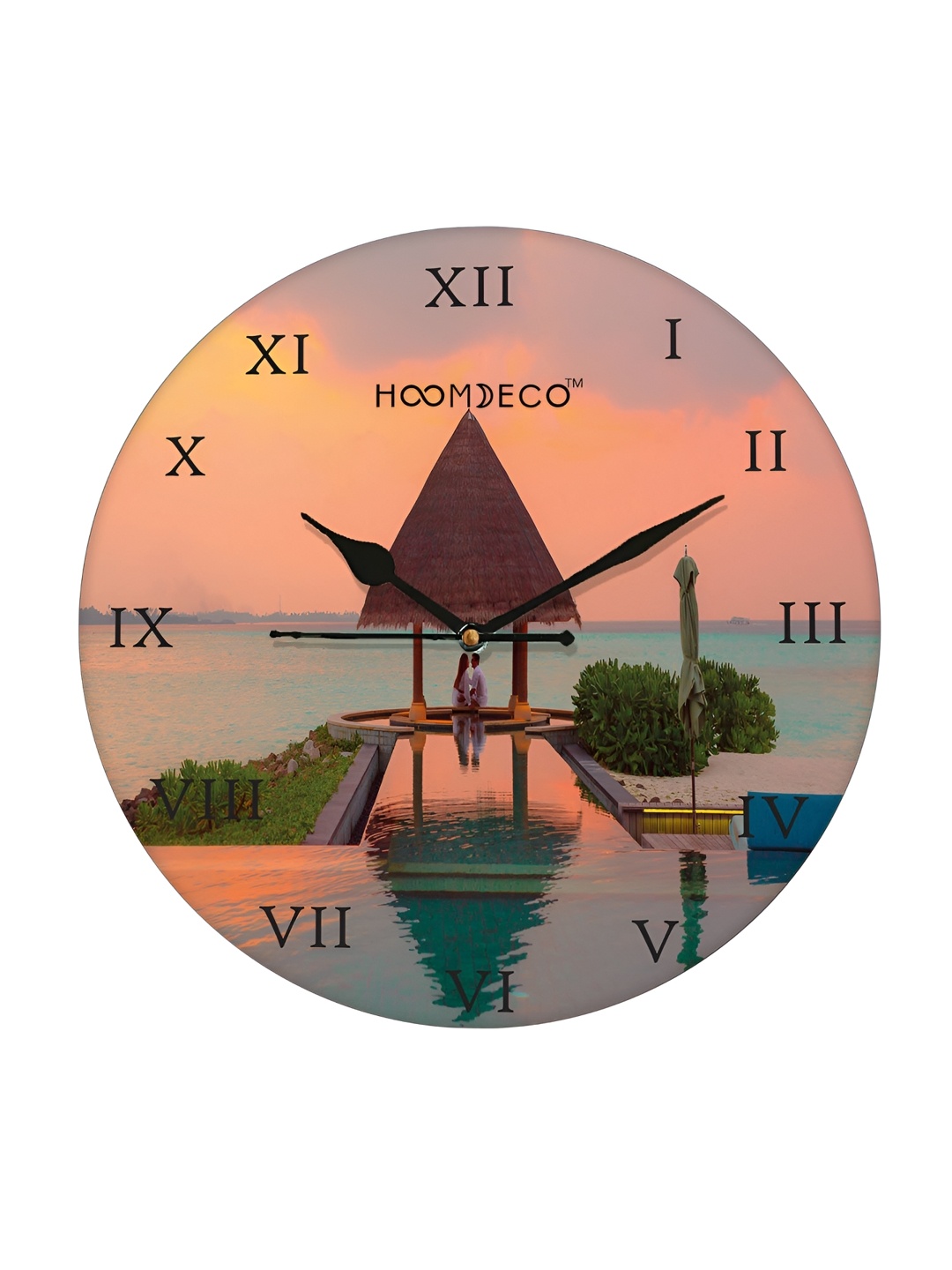 HOOMDECO Coral & Green Printed Round Shaped Contemporary Wall Clock