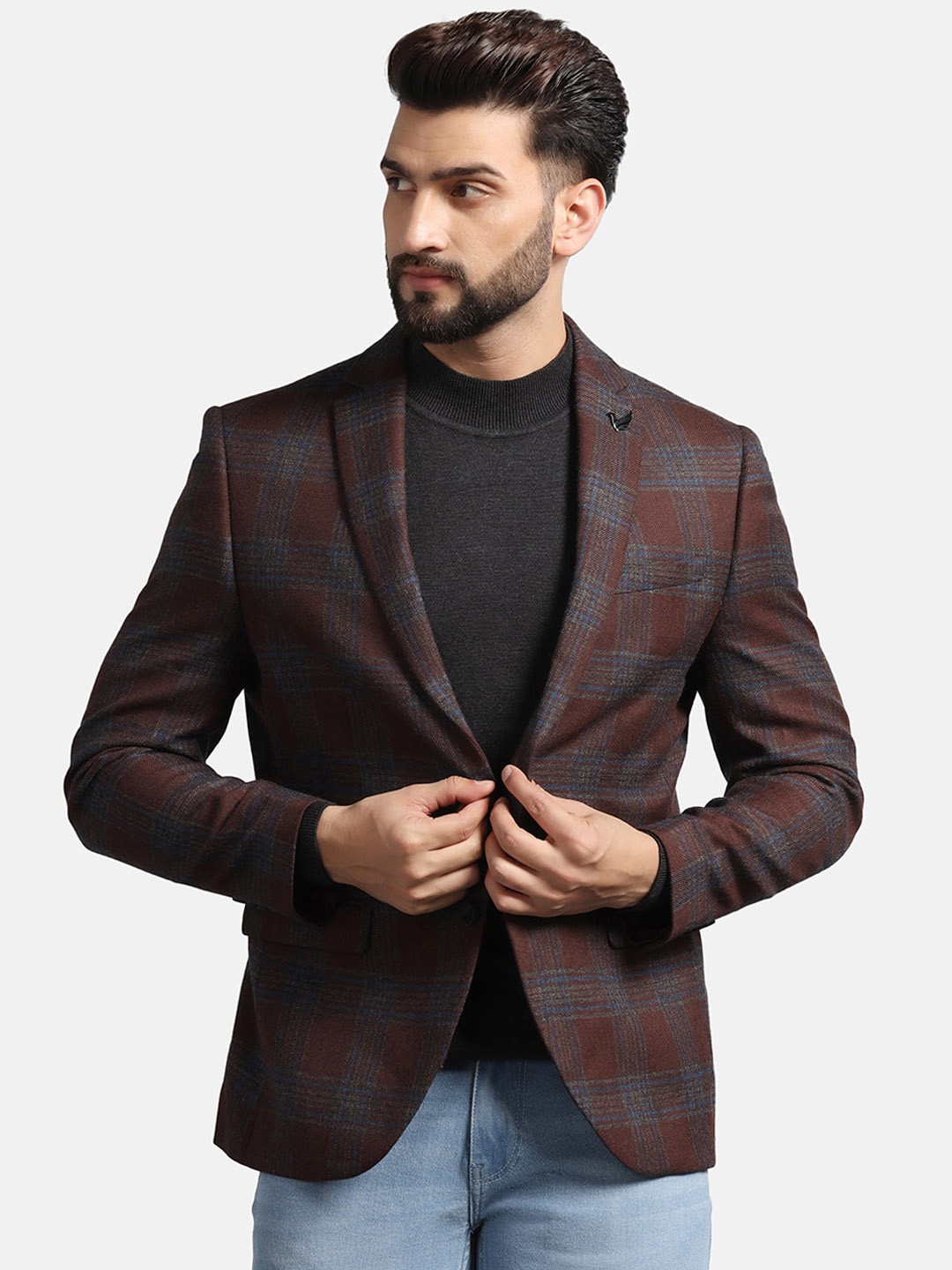 

Blackberrys Checked Notched Lapel Single Breasted Slim-fit Casual Blazer, Maroon