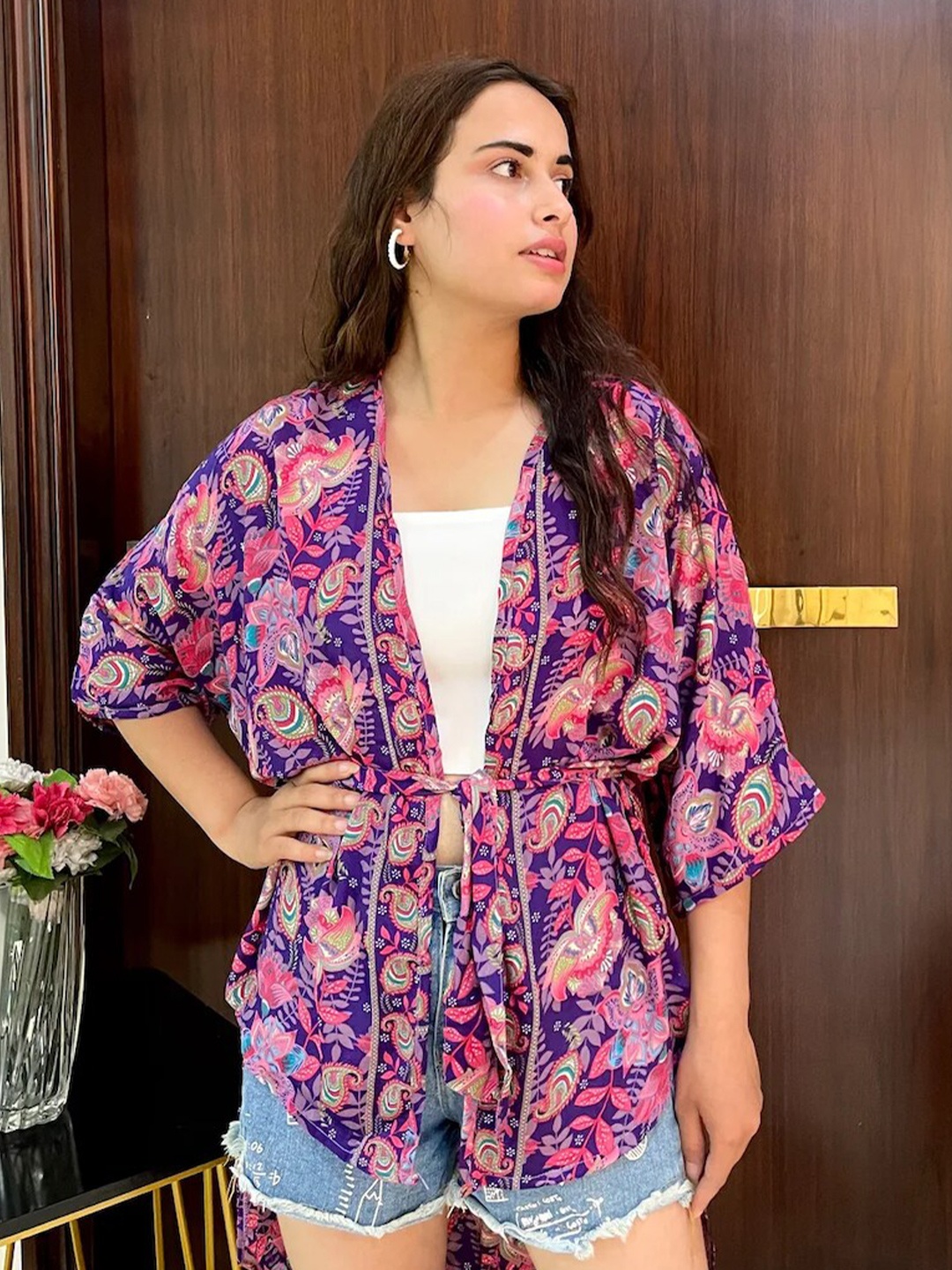 

smisingbee Printed Kimono Sleeve Bohemian Wrap Longline Top, Pink