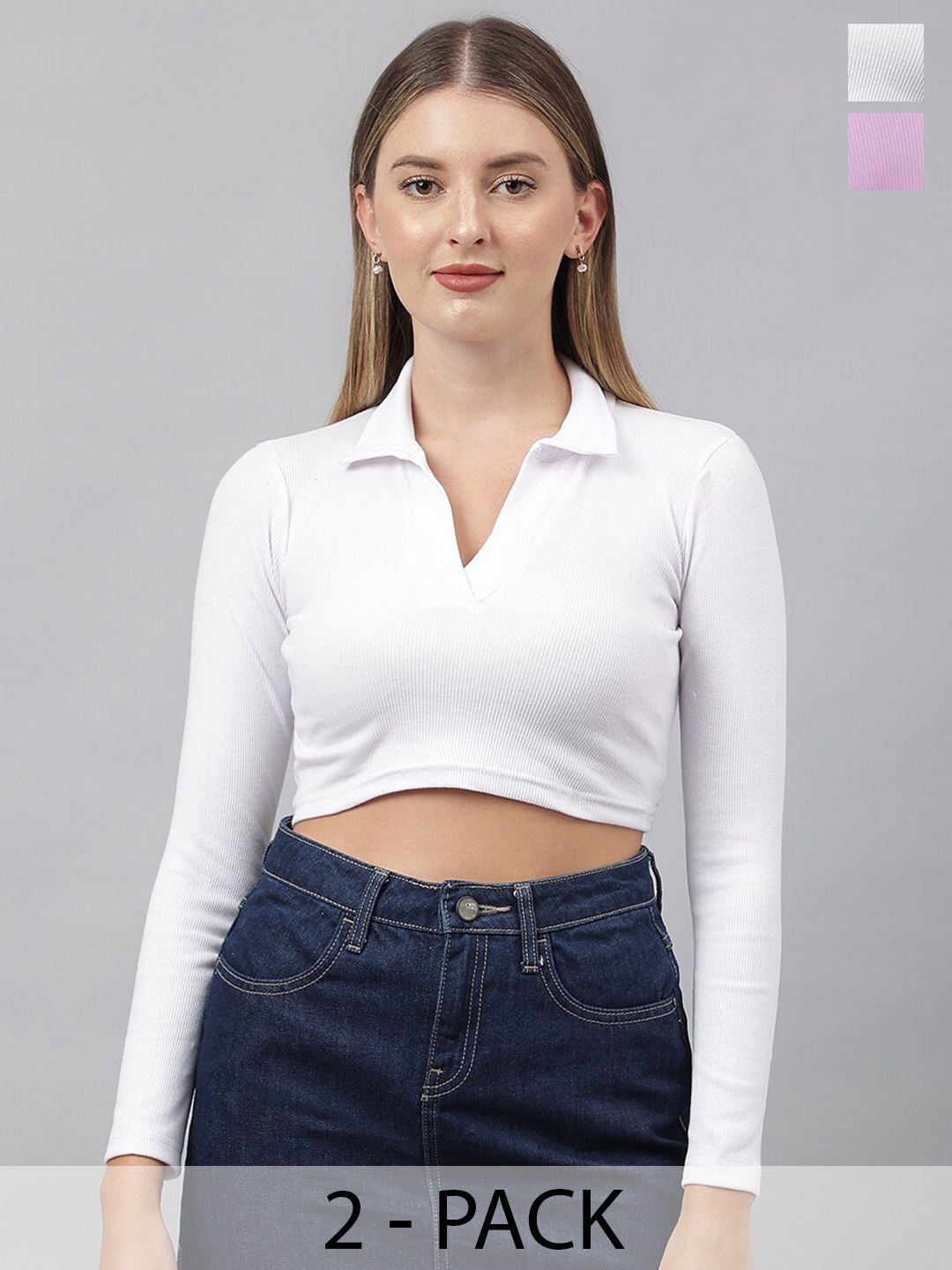 

COLOR CAPITAL Pack Of 2 Shirt Collar Cotton Fitted Crop Top, White