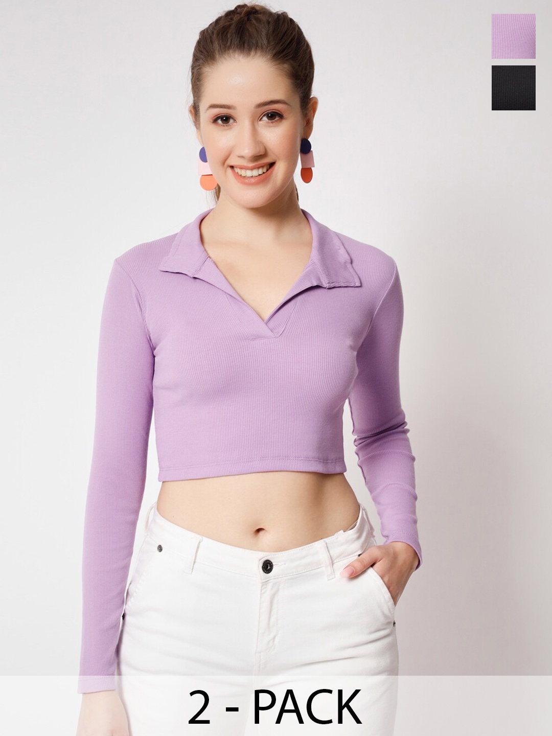 

COLOR CAPITAL Pack Of 2 Ribbed Cotton Fitted Crop Top, Lavender