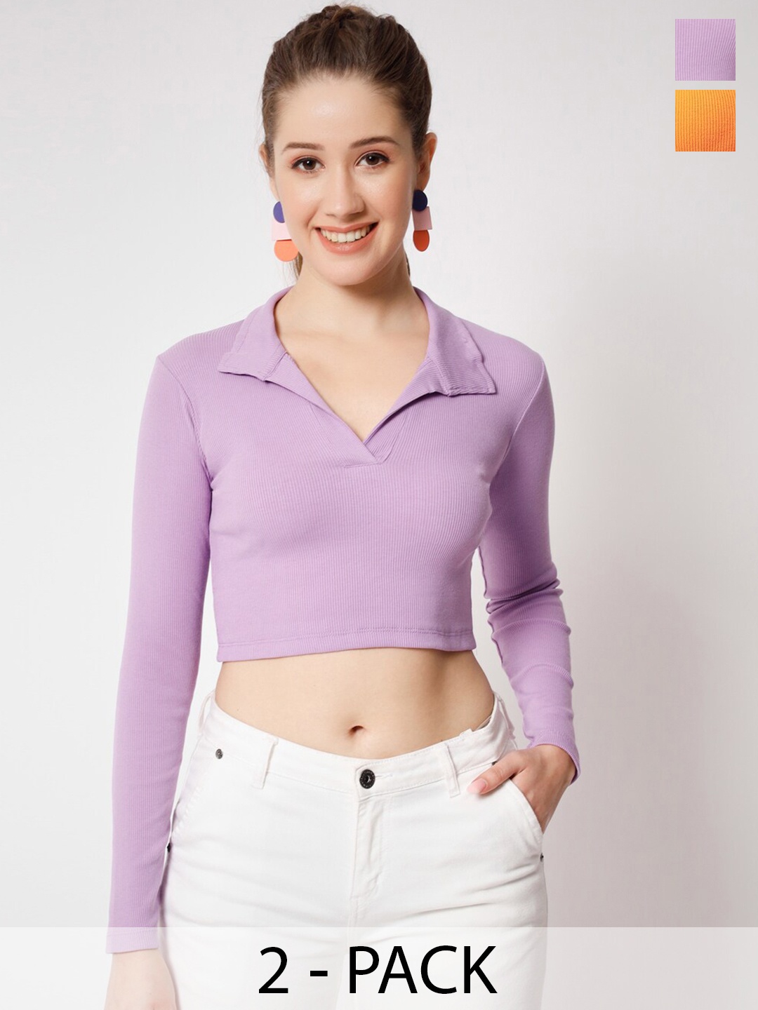 COLOR CAPITAL Pack Of 2 Shirt Collar Cotton Fitted Crop Top, Lavender