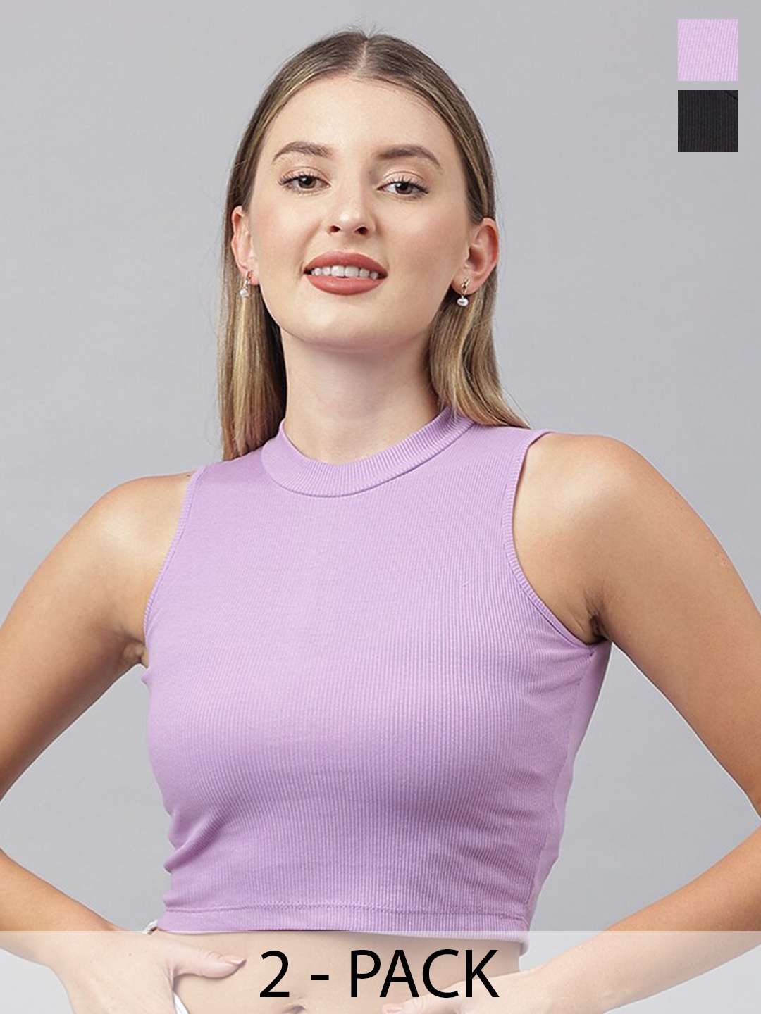 COLOR CAPITAL Pack Of 2 Ribbed Cotton Fitted Crop Top, Lavender