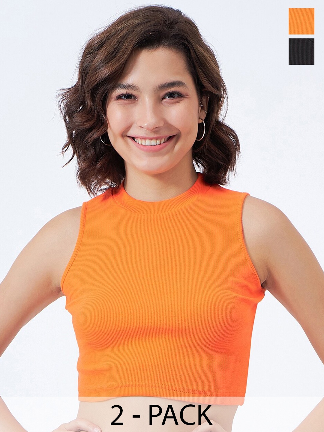 

COLOR CAPITAL Pack Of 2 Sleeveless Cotton Crop Fitted Top, Orange