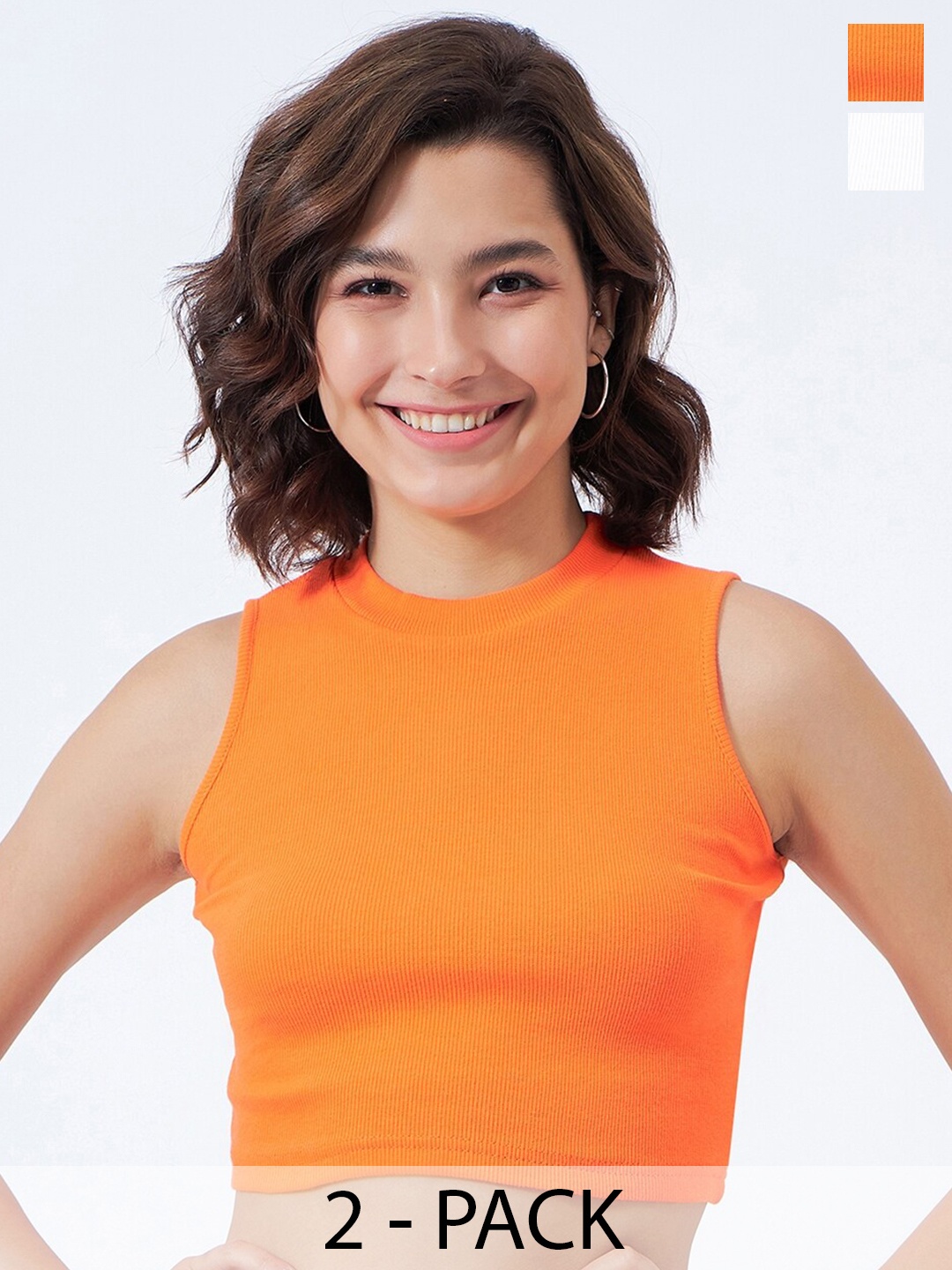 

COLOR CAPITAL Pack Of 2 Sleeveless Cotton Crop Fitted Top, Orange