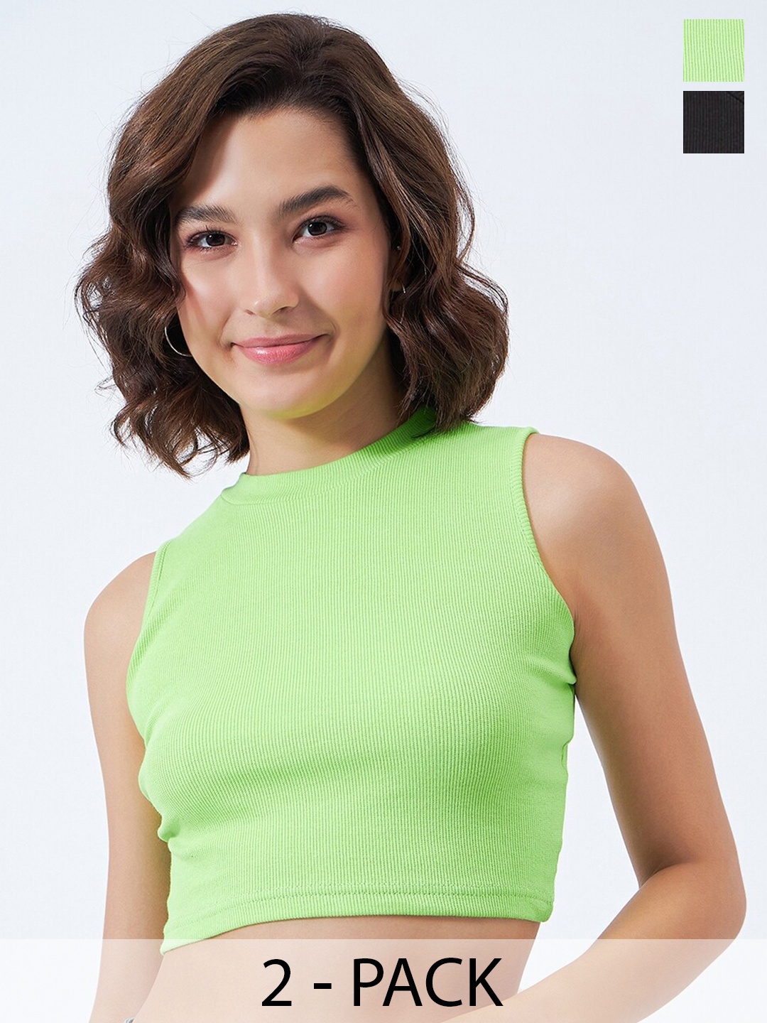 COLOR CAPITAL Pack Of 2 Ribbed Sleeveless Fitted Cotton Crop Top, Green