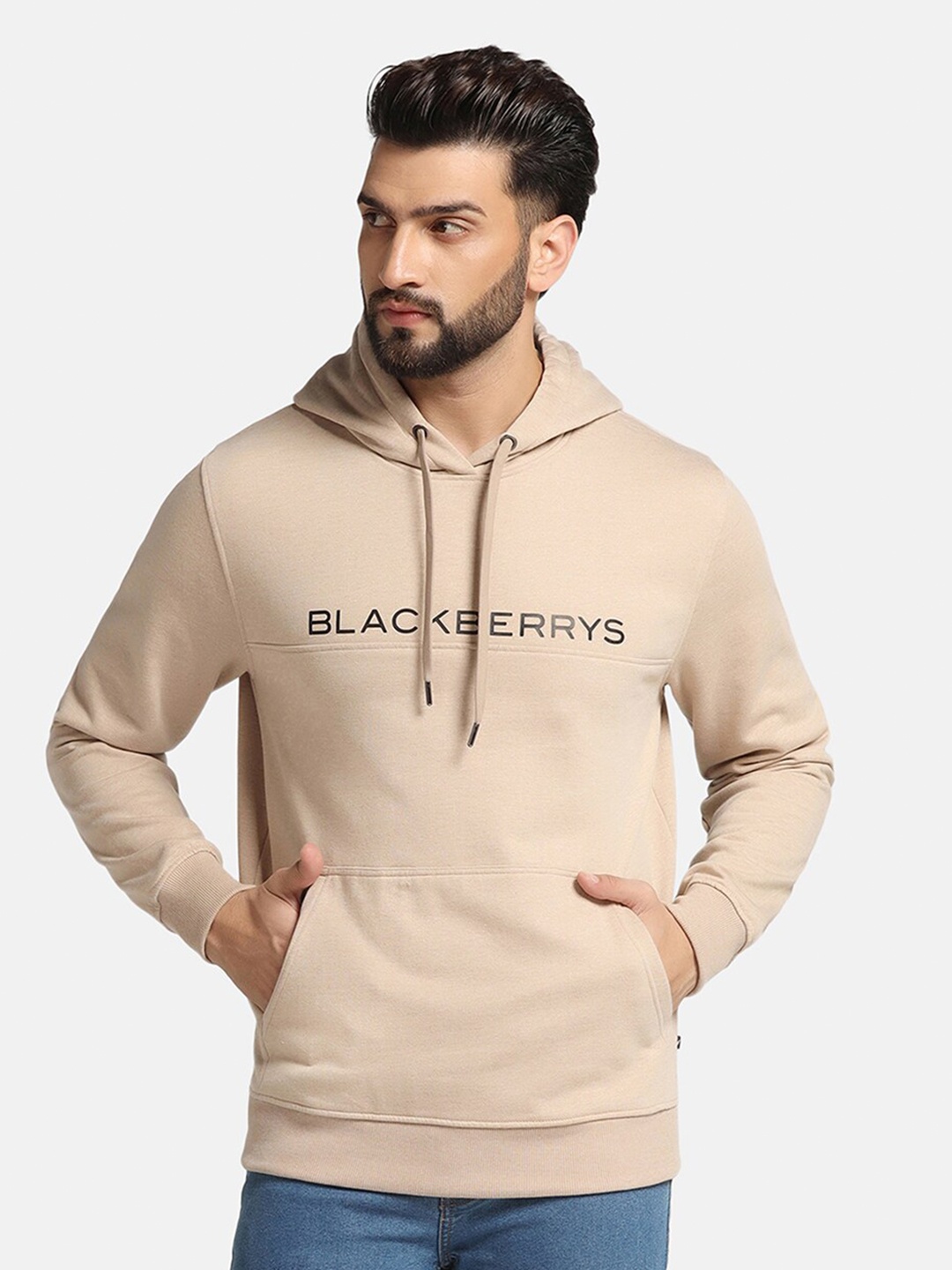 

Blackberrys Typography Printed Hooded Cotton Pullover Sweatshirt, Beige