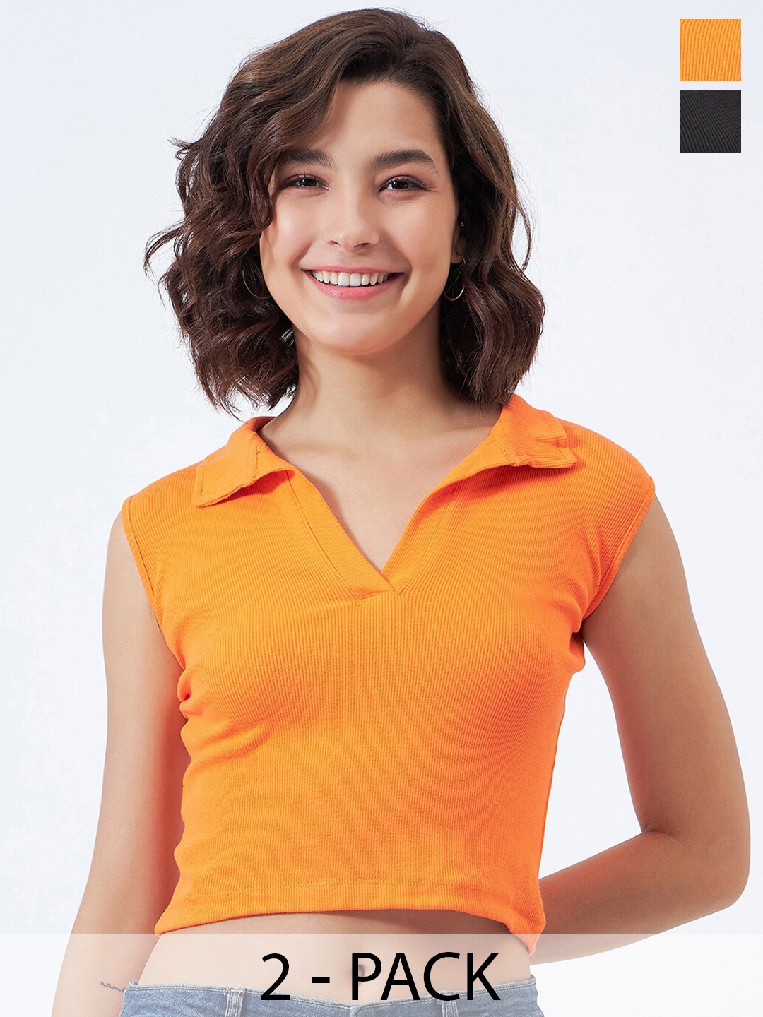 

COLOR CAPITAL Pack Of 2 Shirt Collar Sleeveless Cotton Crop Top, Orange