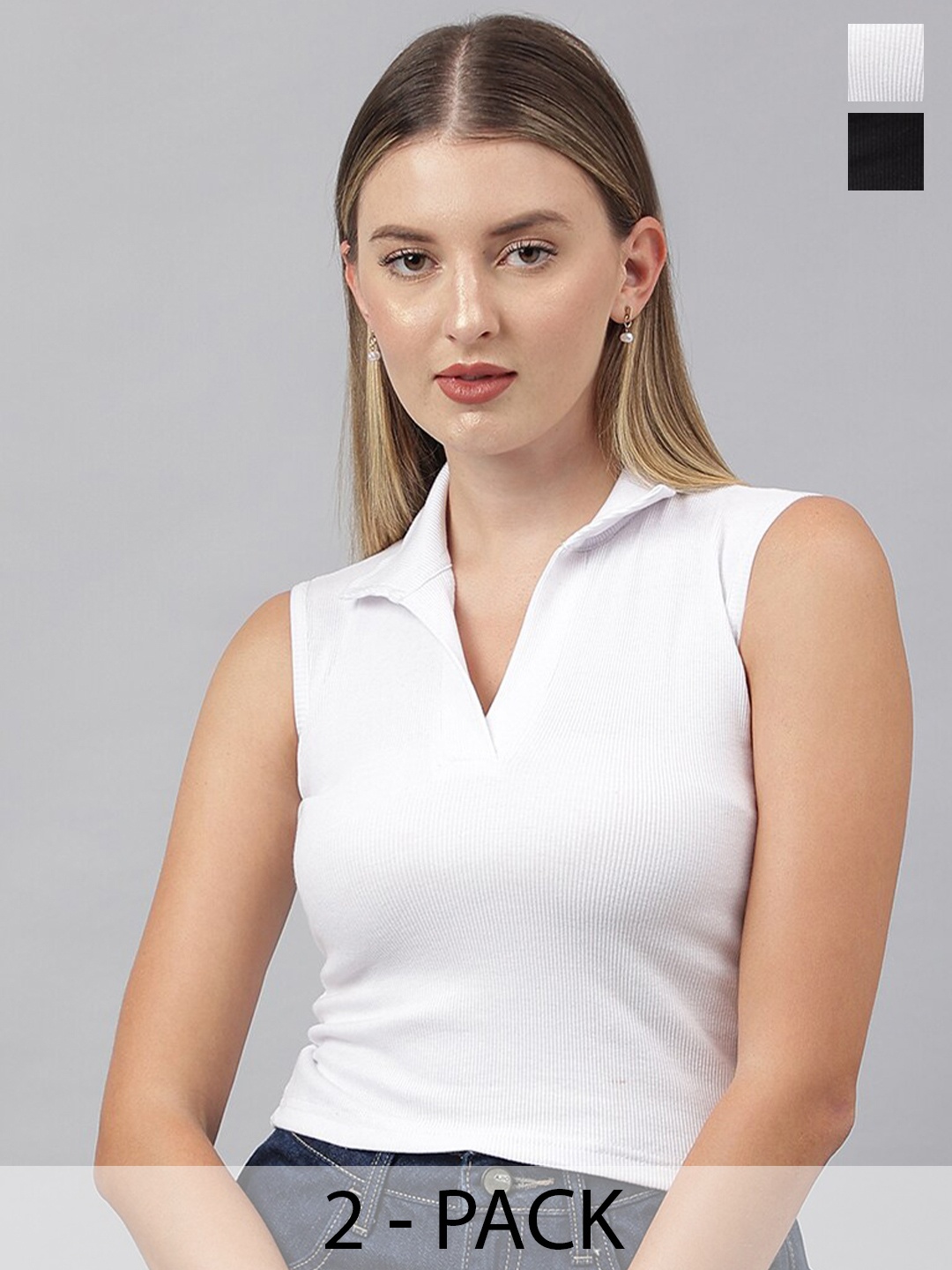 

COLOR CAPITAL Pack Of 2 Sleeveless Cotton Crop Top, White