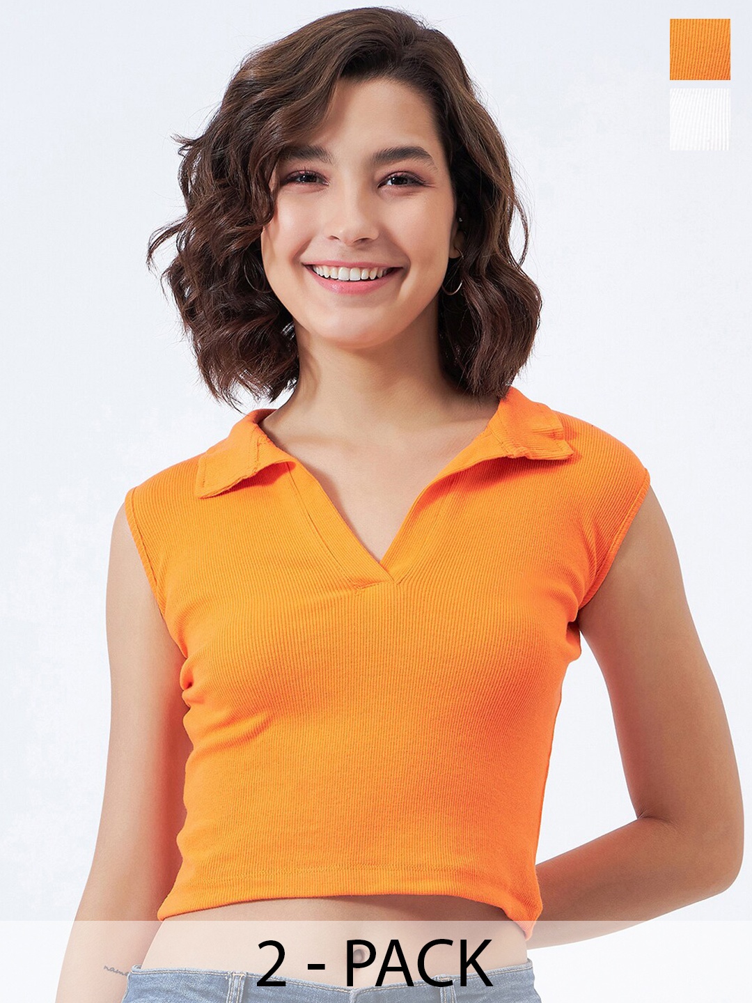 

COLOR CAPITAL Pack Of 2 Ribbed Cotton Fitted Crop Top, Orange
