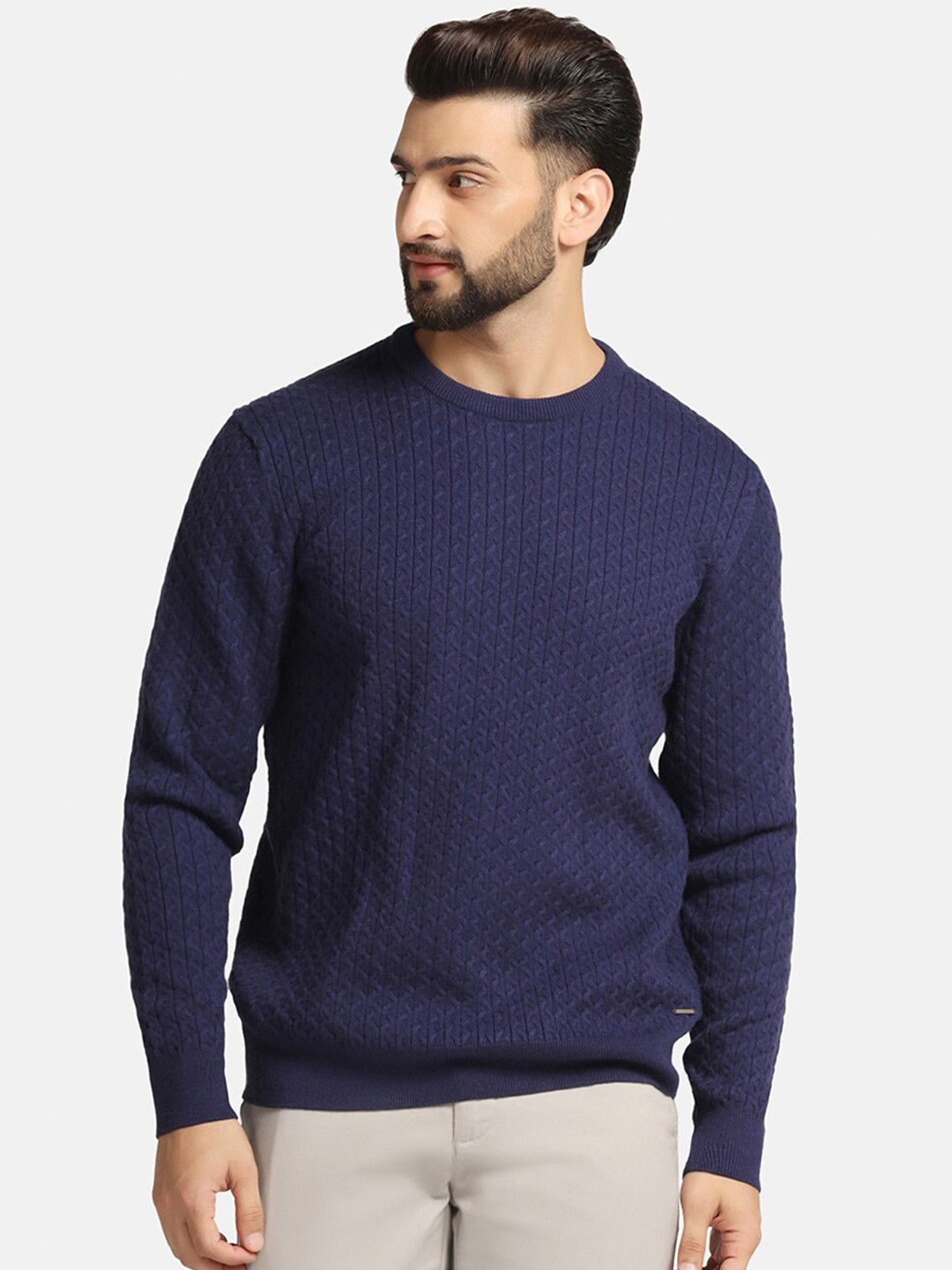 

Blackberrys Cable Knit Self Design Ribbed Pullover, Blue