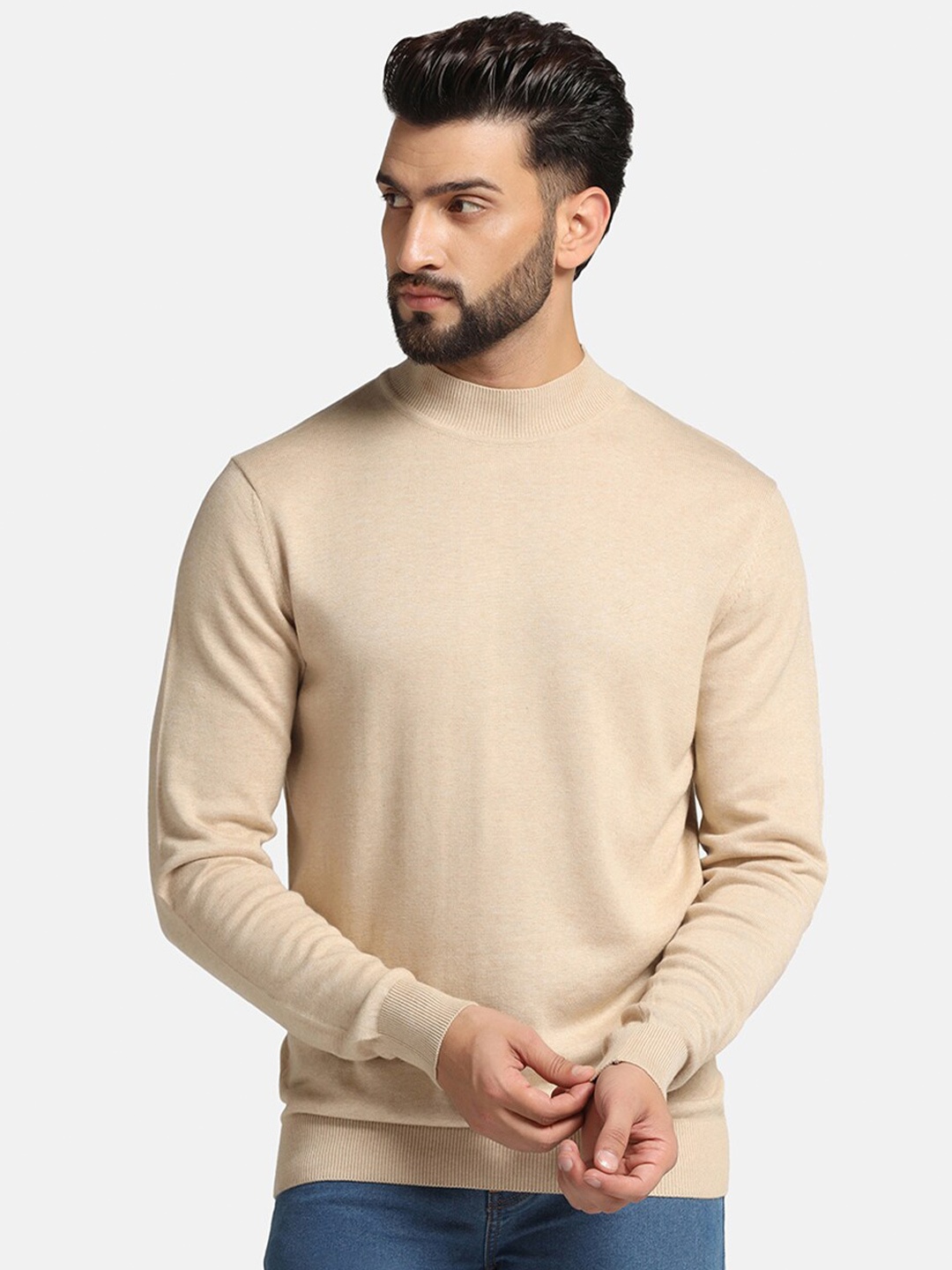 

Blackberrys Mock Collar Ribbed Cotton Pullover, Beige