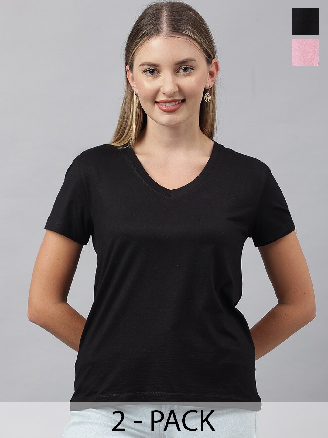 

COLOR CAPITAL Pack Of 2 V-Neck Cotton T-Shirts, Black