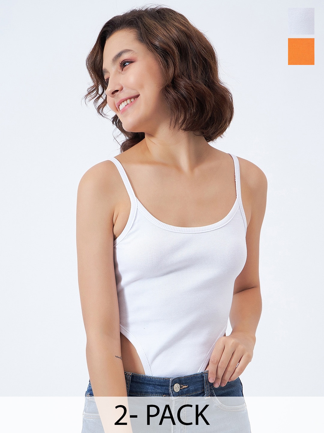 

COLOR CAPITAL Pack Of 2 Shoulder Straps Cotton Bodysuit, White