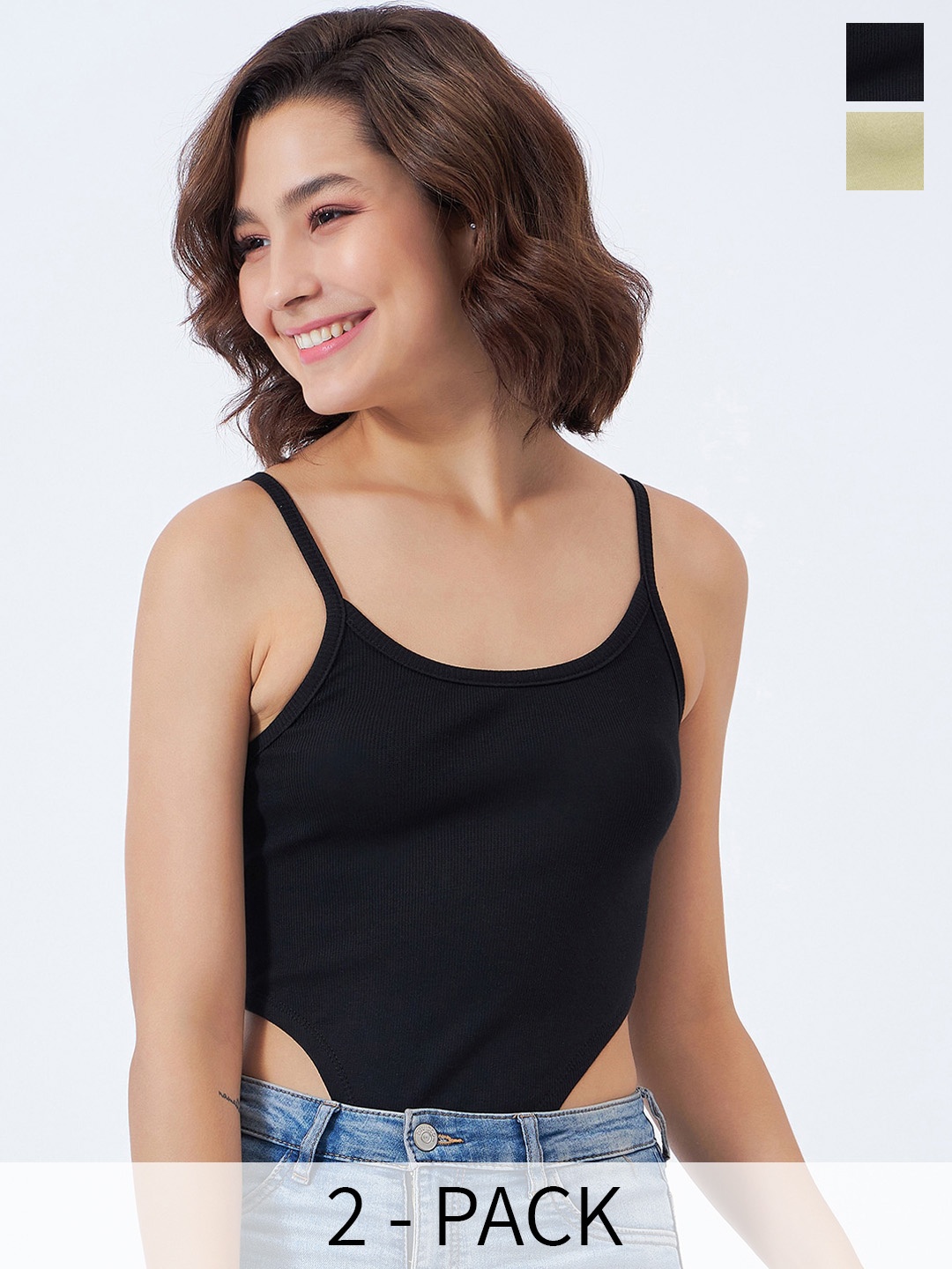 

COLOR CAPITAL Pack Of 2 Shoulder Straps Cotton Bodysuit, Black