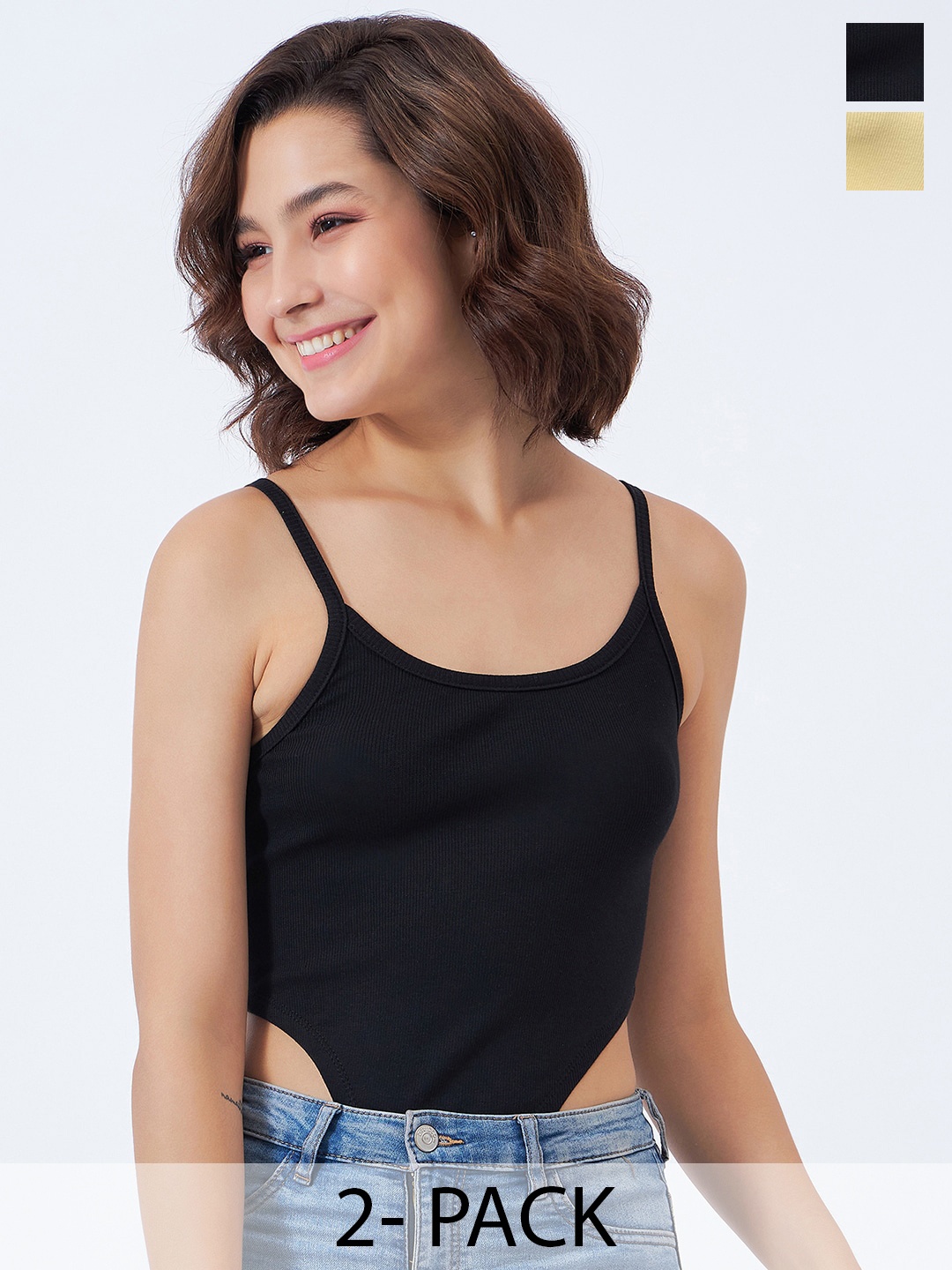 

COLOR CAPITAL Pack Of 2 Shoulder Straps Cotton Bodysuit, Black