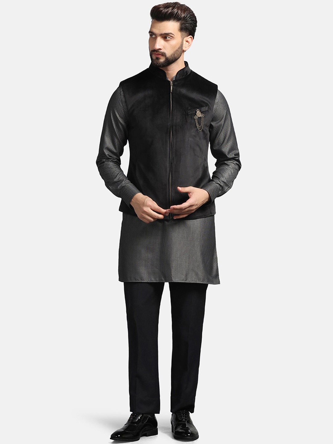 

Blackberrys Pure Cotton Three Piece Achkan Sherwani Set, Black